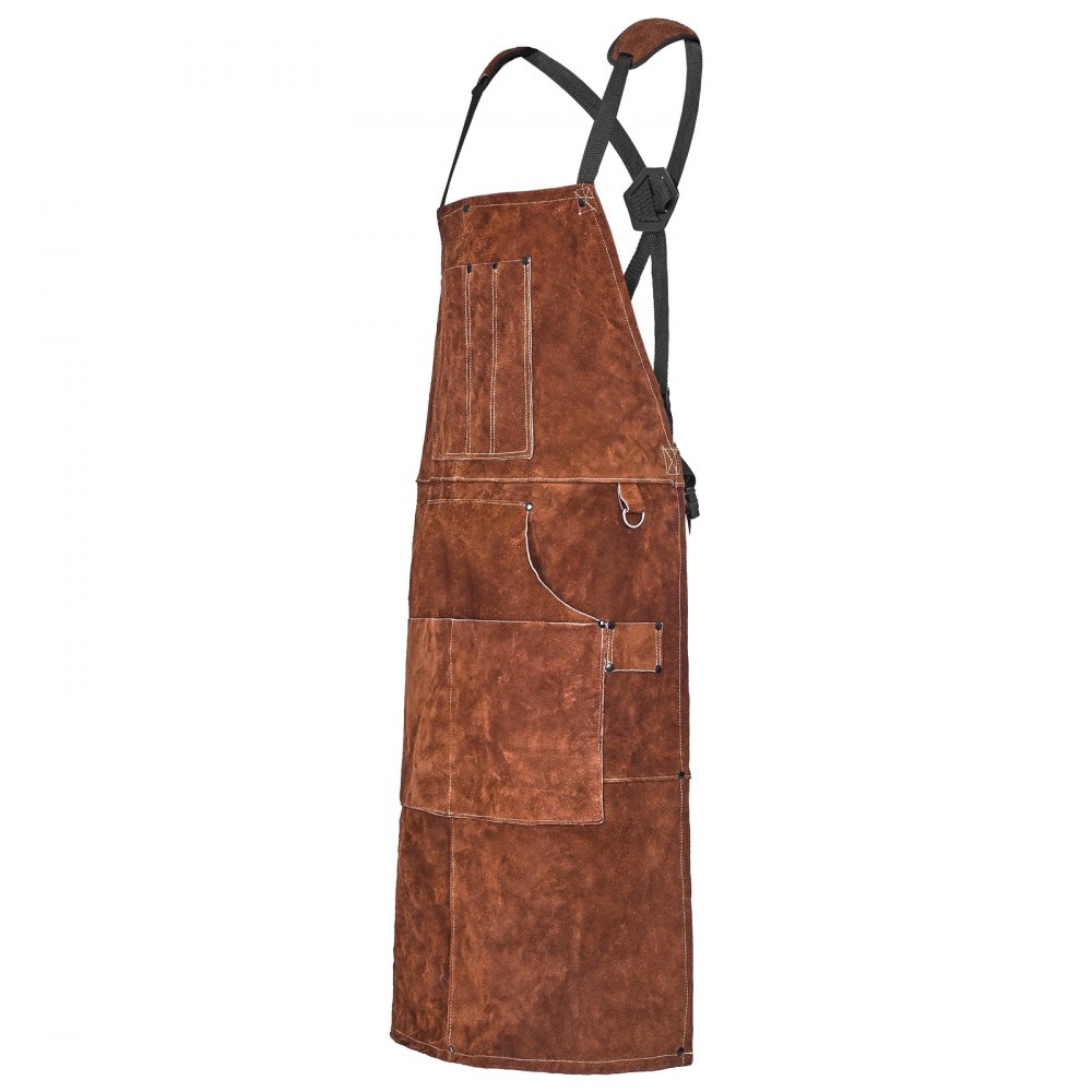 VEVOR Leather Welding Work Apron, Heavy Duty Cowhide Flame Resistant Welding Apron, Heat-Resistant Blacksmith Welder Aprons with 6 Tool Pockets for Woodworking, Gardening, BBQ
