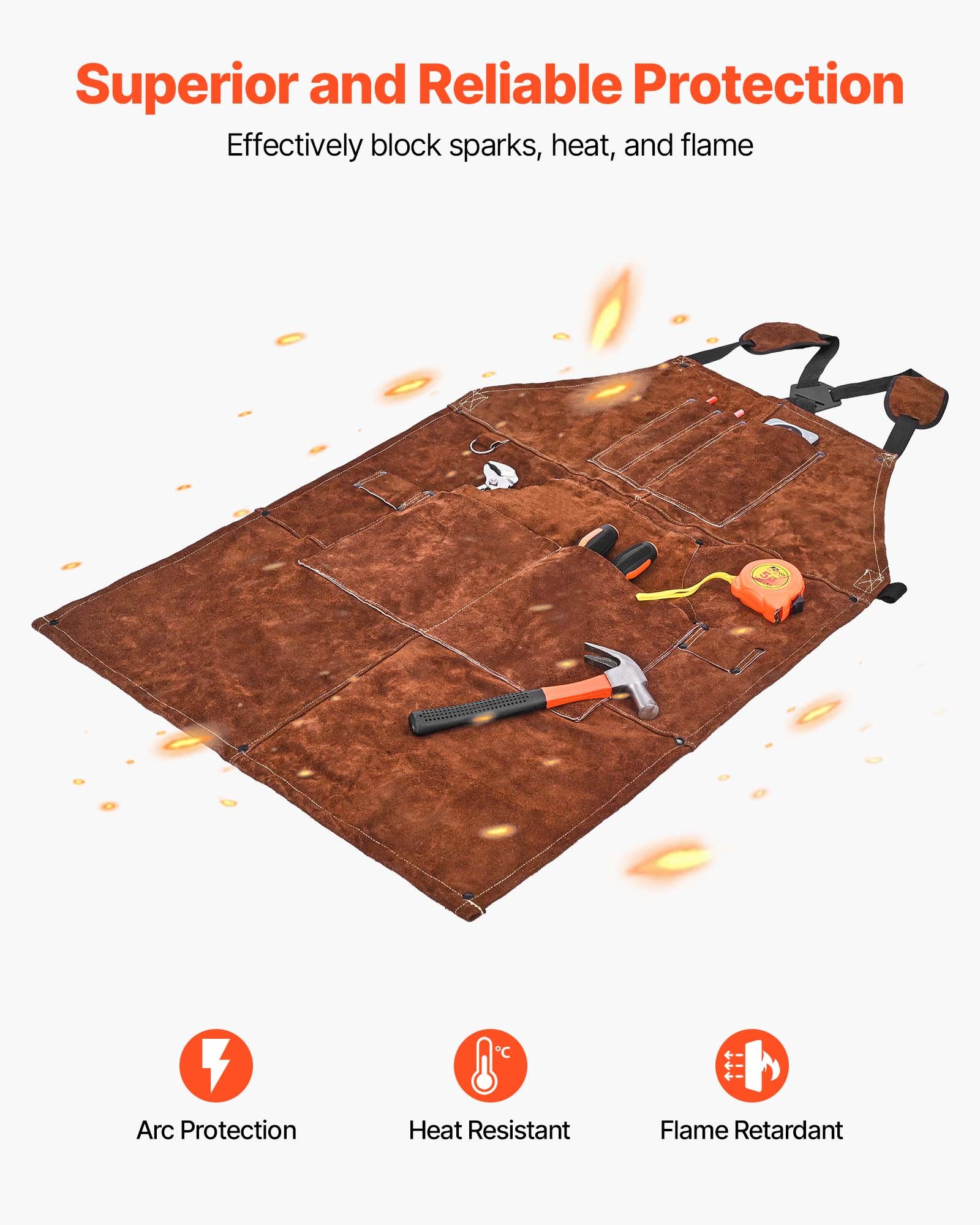 VEVOR Grembiule da Lavoro in Pelle per Saldatura, Grembiule da Saldatura Ignifugo in Pelle Bovina, Grembiule per Saldatore con 6 Tasche Portautensili per Lavorazione del Legno, Giardinaggio