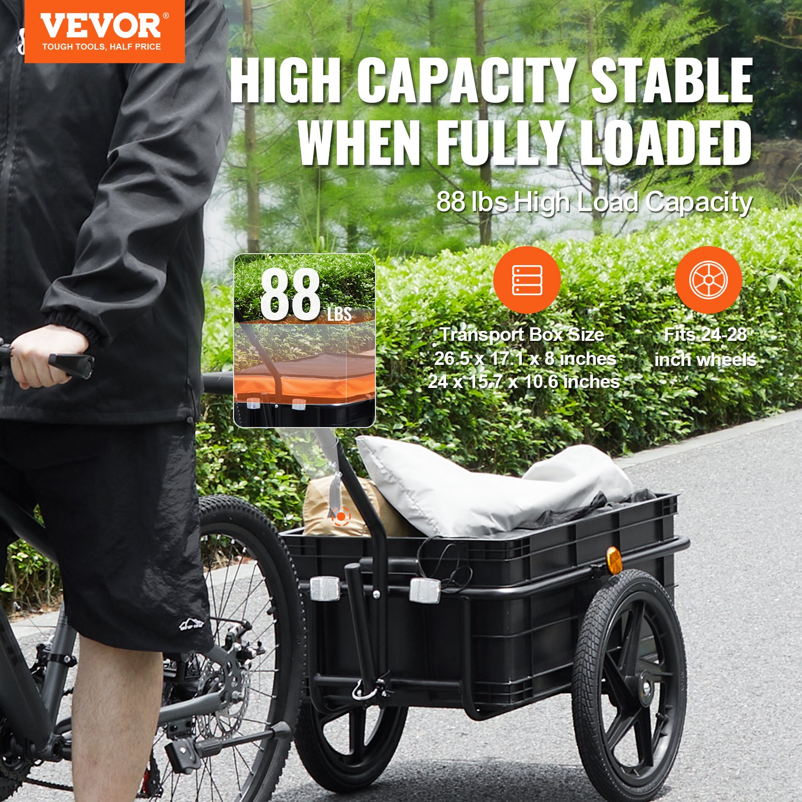 VEVOR Rimorchio per Bici, Capacità di Carico 40 kg, Carrello per Bici Carichi Pesanti, Stoccaggio Compatto Pieghevole con Attacco Comune, Copertura Impermeabile, Adatto a Ruote da Bici 640 - 711 mm