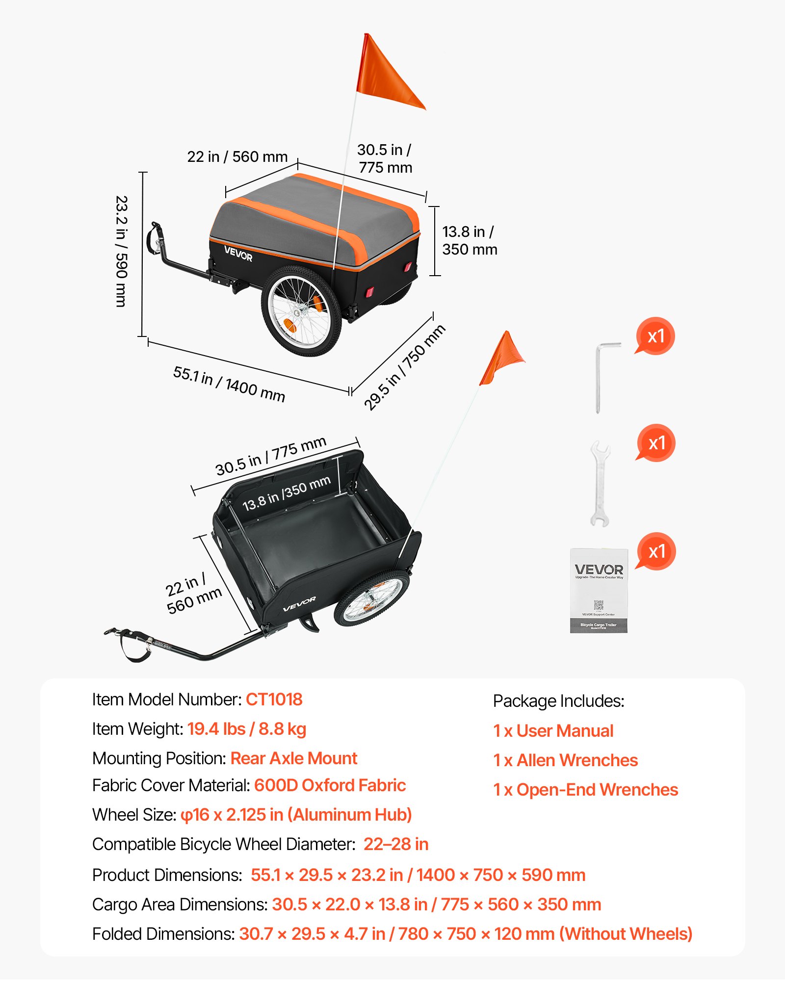 VEVOR Rimorchio da Carico Pieghevole per Bici Portata 40kg Ruote da 406mm, Attacco all’Asse Posteriore, Copertura Impermeabile, Riflettori e Telaio in Acciaio al Carbonio, per Bici con Ruote 559-711mm