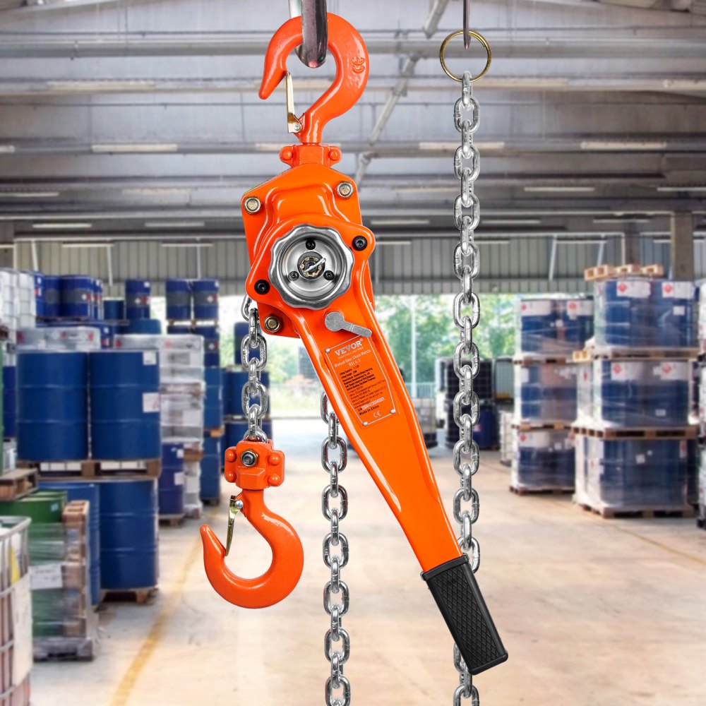 VEVOR ratchet hoist, steel, 1.5T load capacity, pulley block, lifting hoist, 5.8m lifting height, lever hoist, 8x24mm lifting chain size, chain hoist, 240N pulling force, heavy-duty double pawl brake, ratchet chain hoist