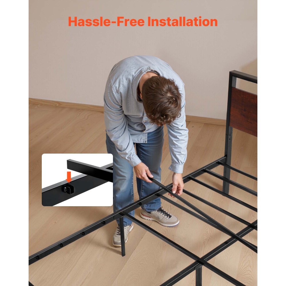 VEVOR Struttura Letto Matrimoniale, Struttura Letto in Metallo con Testiera e Pediera in Legno Marrone Retrò, Ampio Spazio Sottoletto, Antiscivolo, Non Materasso a Molle, 2135 x 1535 x 990 mm