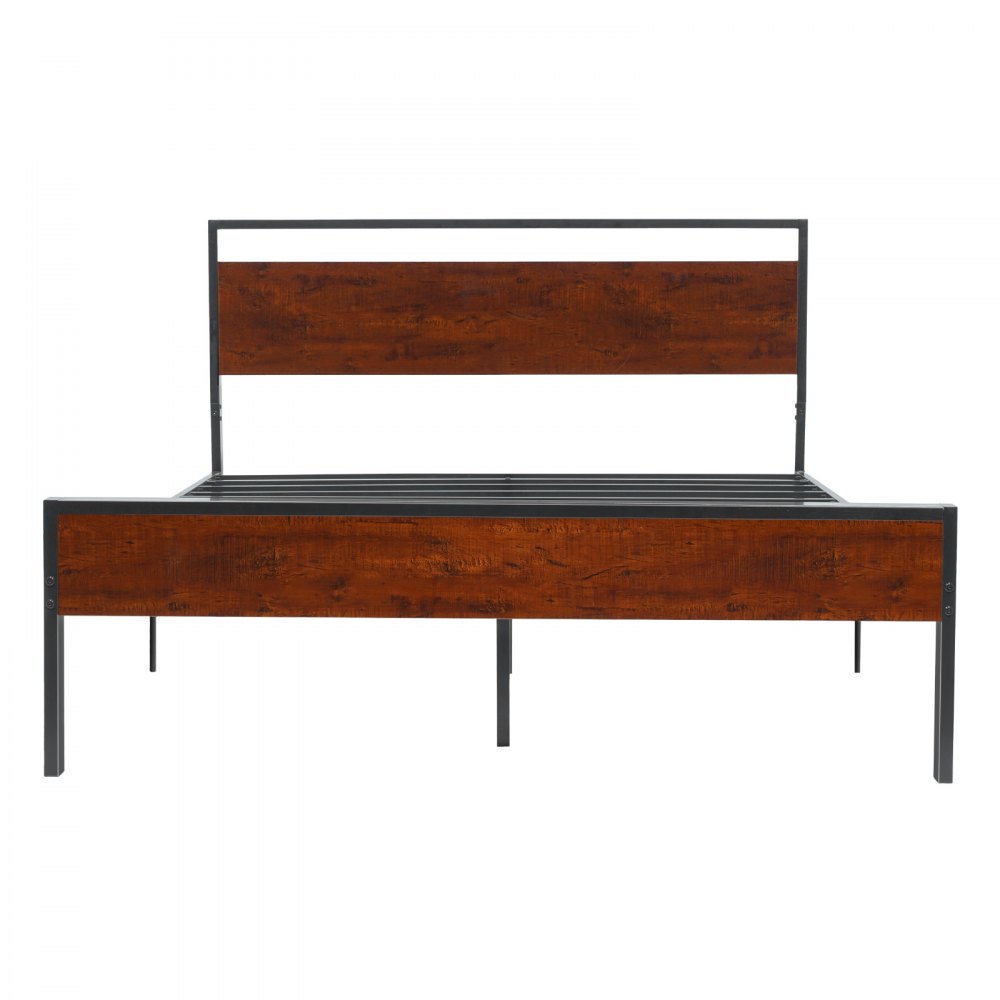 VEVOR Struttura Letto Matrimoniale, Struttura Letto in Metallo con Testiera e Pediera in Legno Marrone Retrò, Ampio Spazio Sottoletto, Antiscivolo, Non Materasso a Molle, 2135 x 1535 x 990 mm