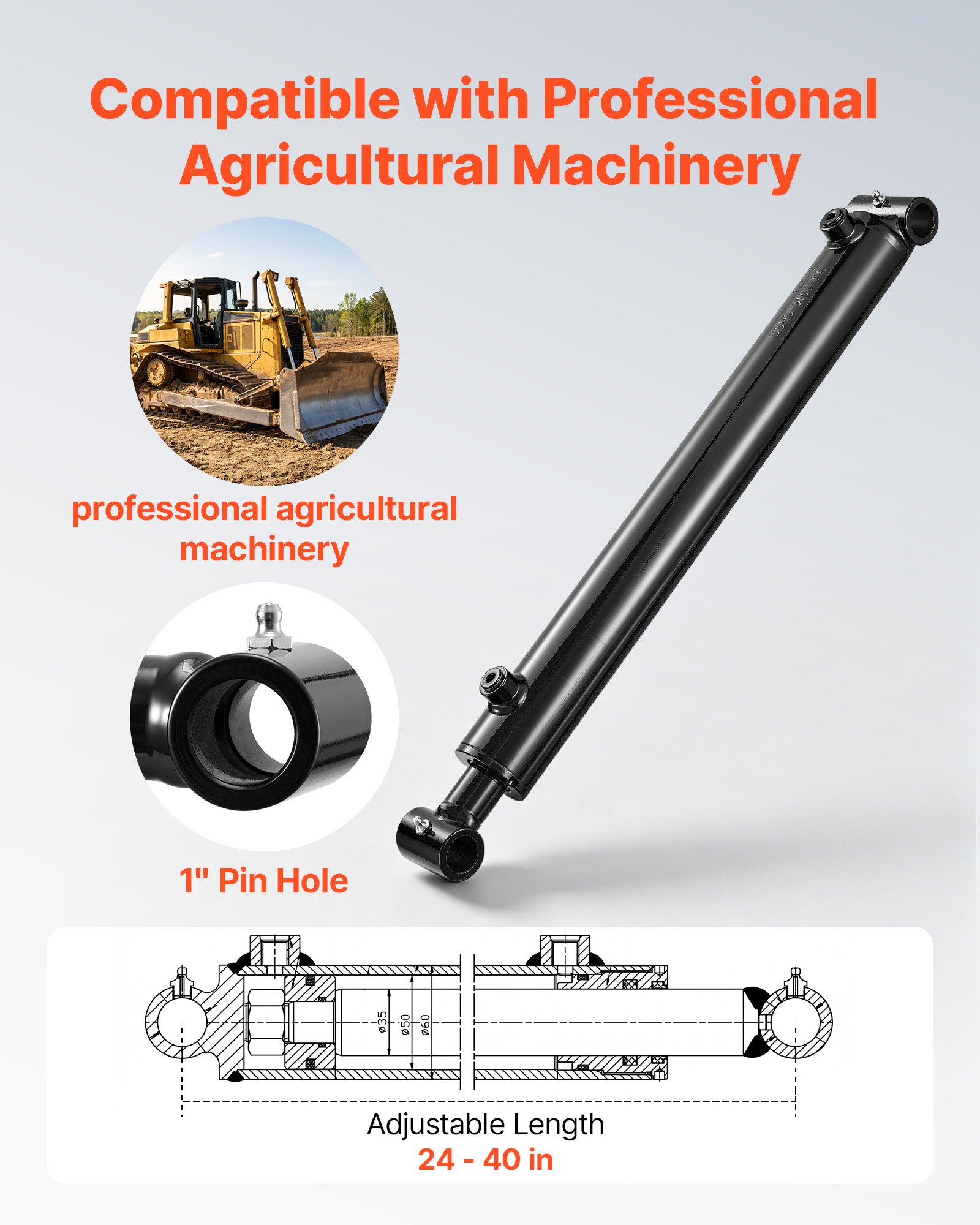 VEVOR Cilindro Idraulico a Doppio Effetto Corsa 406 mm 4 Tonnellate 24 Mpa Per Escavatori, Trattori Macchina Agricola, Cilindro a Spinta e a Trazione, Alesaggio 50,8 mm, Pressione Nominale 20 MPa