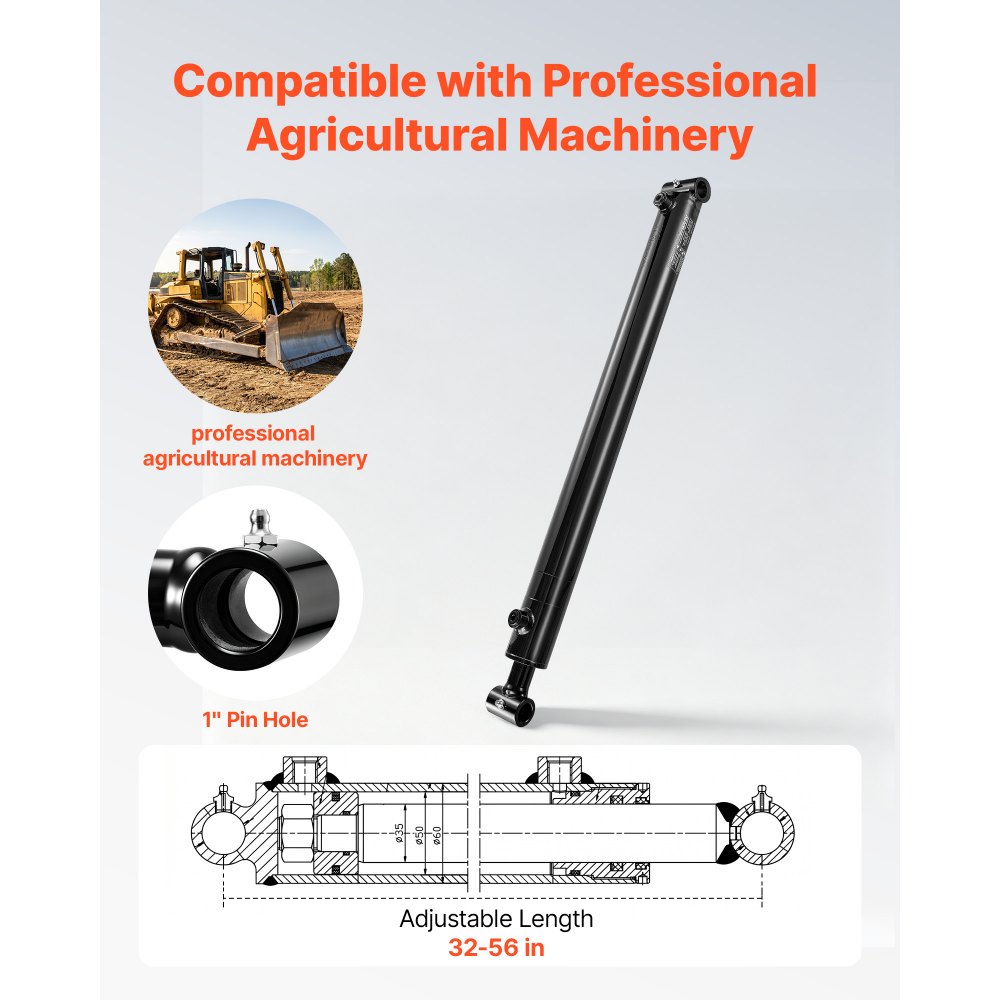 VEVOR Cilindro Idraulico a Doppio Effetto Corsa 610mm Pressione max 24 MPa Per Escavatori, Trattori Macchina Agricola, Cilindro Push- Pull con Tubo Trasversali, Capacità 4 Tonnellate, Alesaggio 50,8mm