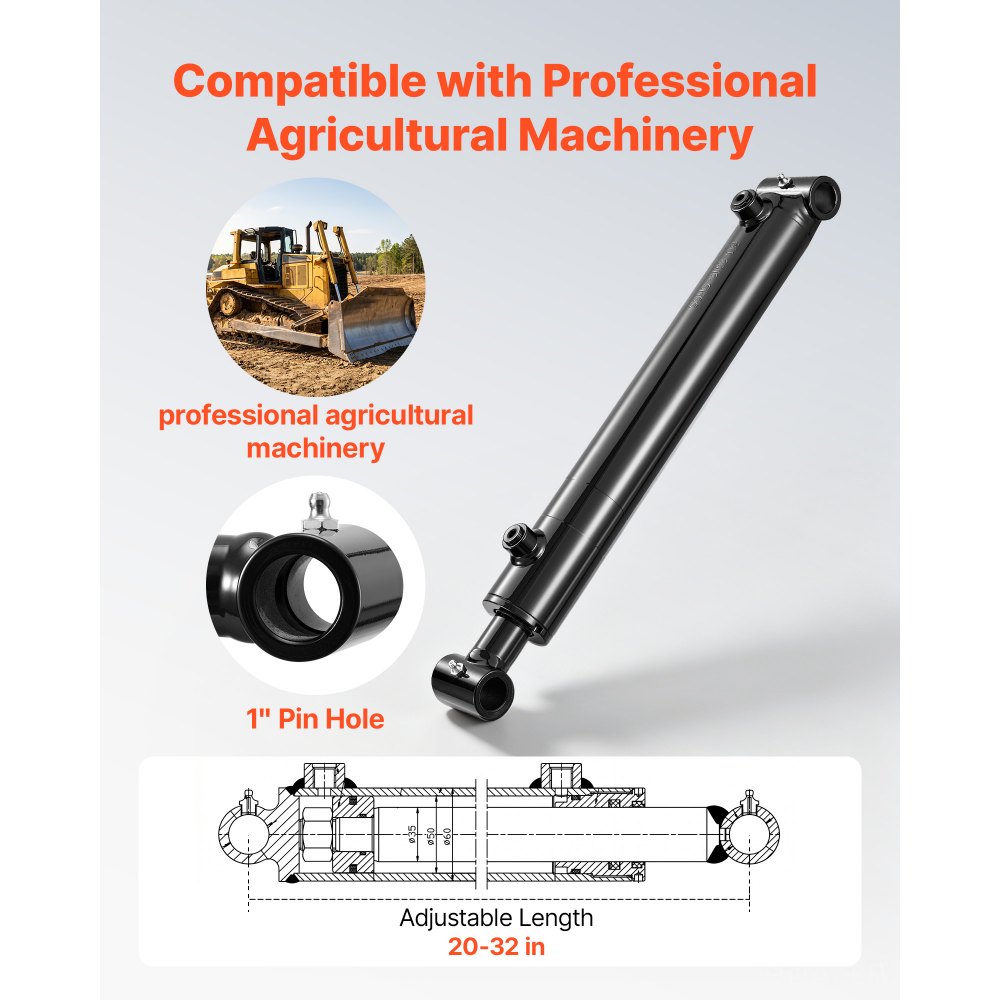 VEVOR Cilindro Idraulico a Doppio Effetto Corsa 305 mm 4 Tonnellate 24 Mpa Per Escavatori, Trattori Macchina Agricola, Cilindro Push-Pull, Alesaggio 50,8 mm, Pressione Nominale 20 MPa, in Acciaio