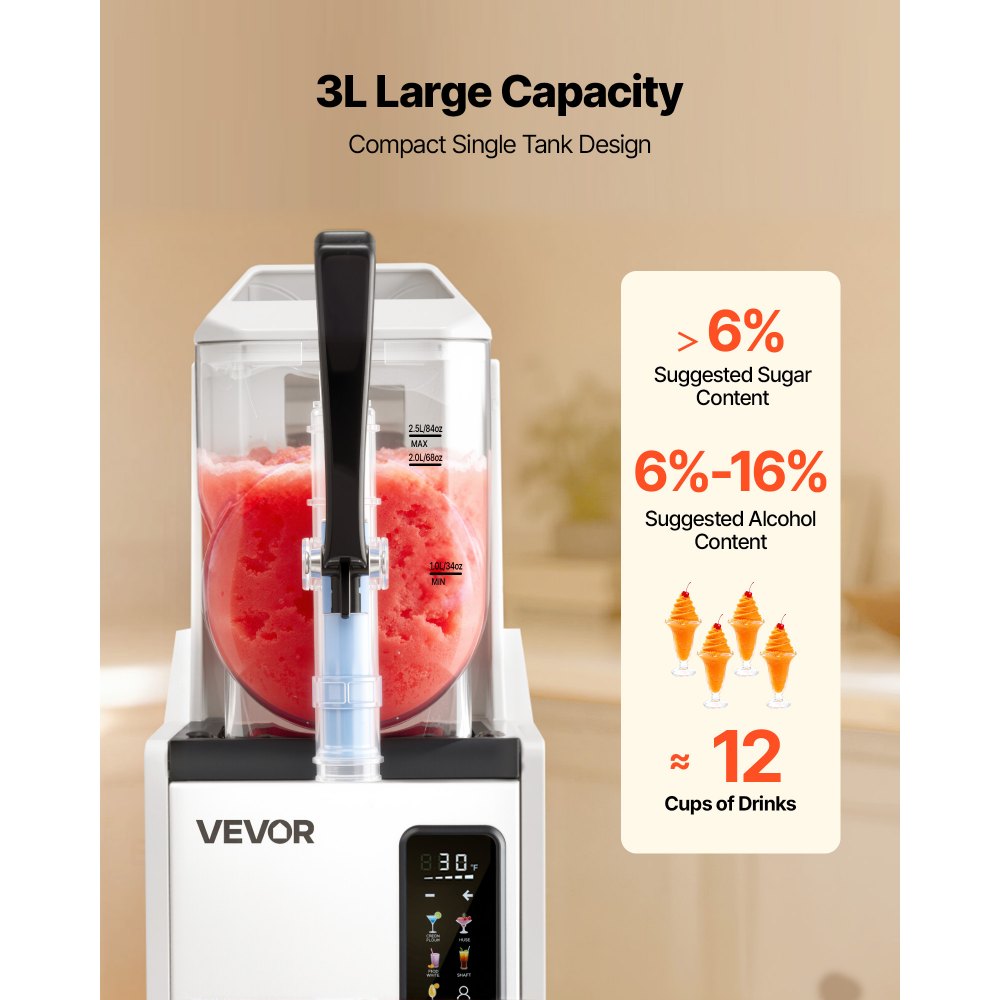VEVOR Macchina per Granite 1 x 3 L 350 W Serbatoio Singolo Macchina per Bevande Ghiacciate Succo Fredde Cocktail con Funzione Autopulente per Preparazione Frappé, Milkshake, Frullati