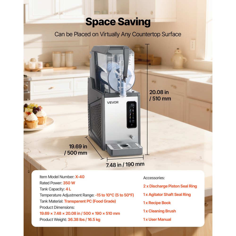 VEVOR Macchina per Granite 4 L 350 W Serbatoio Singolo Macchina per Bevande Ghiacciate Succo Fredde Cocktail, Funzione Autopulente per Preparazione Frappé, Milkshake, Frullati