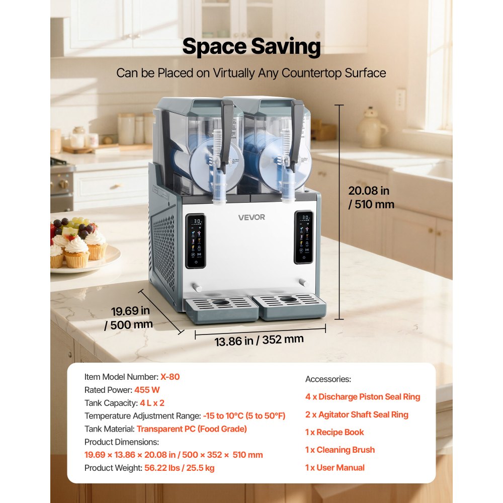 VEVOR Slushie Machine, 4L/135oz x 2 Tank Slushy Machine for Home, No Ice Needed Frozen Drink Maker, Margarita Maker with Self-Cleaning, for Frozen Margaritas, Frappés, Milkshake & More