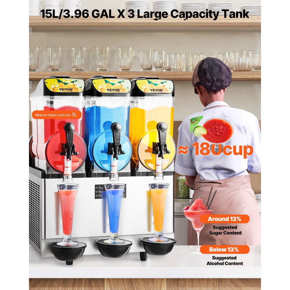 VEVOR Macchina per Bevande Ghiacciate Commerciale, Macchina per Granita Slushy a Triplo Serbatoio 15 Litri x 3 per Frullati in Acciaio Inox da Ristoranti, Bar, Caffetterie