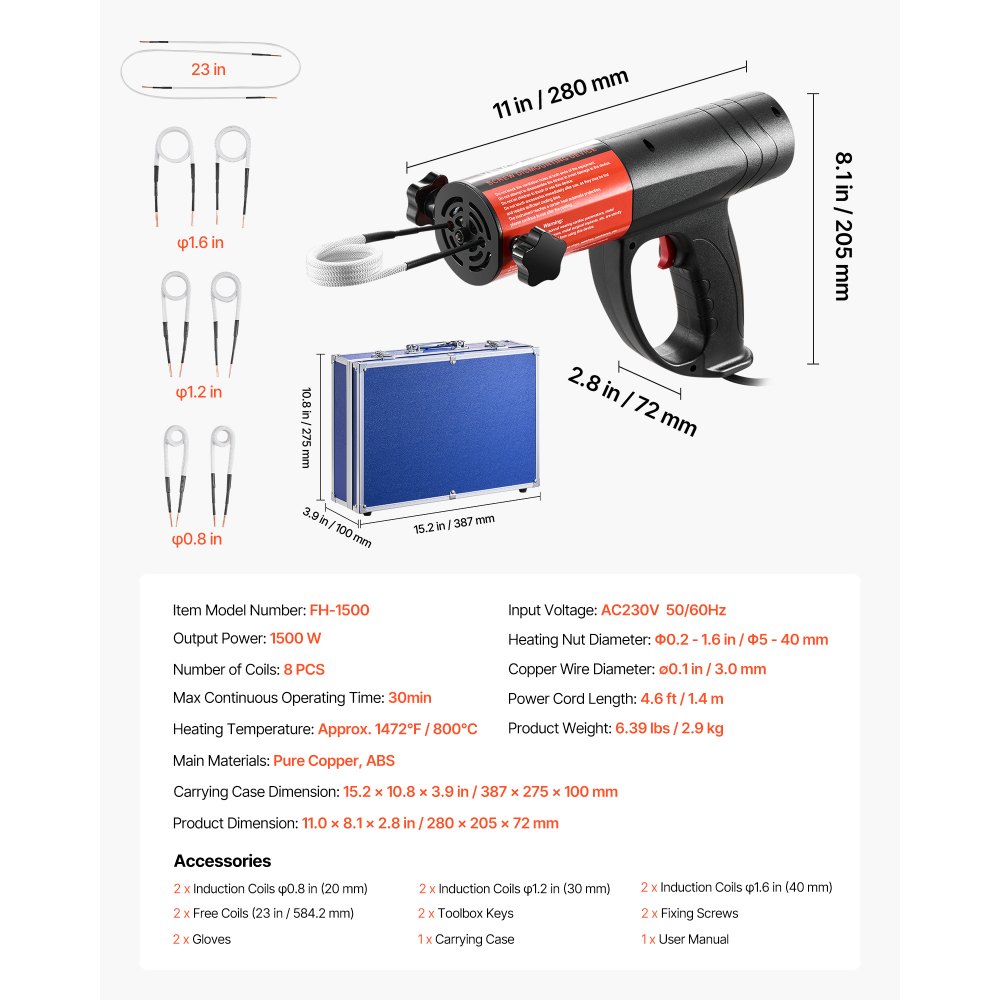 VEVOR Rimozione Bulloni Riscaldatore a Induzione, 1500 W 230 V, Strumento Portatile per la Rimozione di Dadi, Mini Macchina Riscaldante per la Rimozione di Viti Arrugginite, con 8 Bobine e Scatola