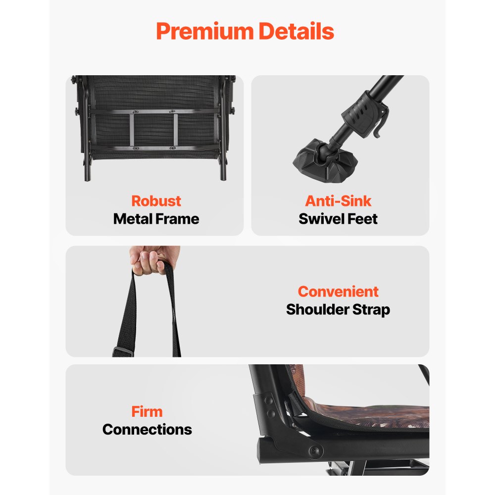VEVOR Hunting Chair, 360° Silent Swivel, Foldable Portable Blind Chair, Heavy-Duty Steel Frame Ground Stool Seat, with Armrests, Cover, Anti-Sink Feet, Height Adjustable, 158 Kg Capacity for Camping