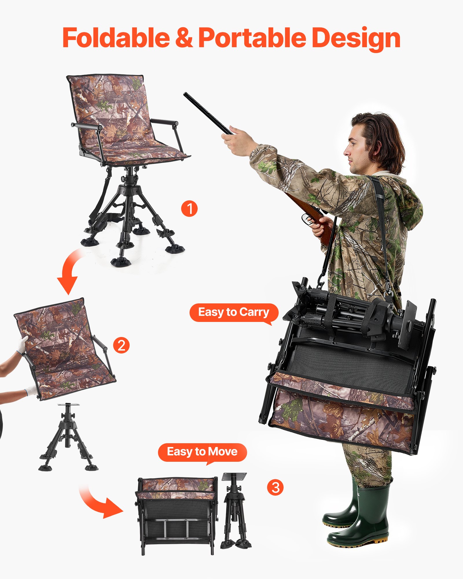 VEVOR Sedia da Caccia Campeggio Pieghevole, Sedia da Pesca con Braccioli, Altezza Regolabile Capacità di Carico 158 kg, Rotazione Silenziosa a 360°, Altezza Seduta 420-625 mm, Giardino, Esterno