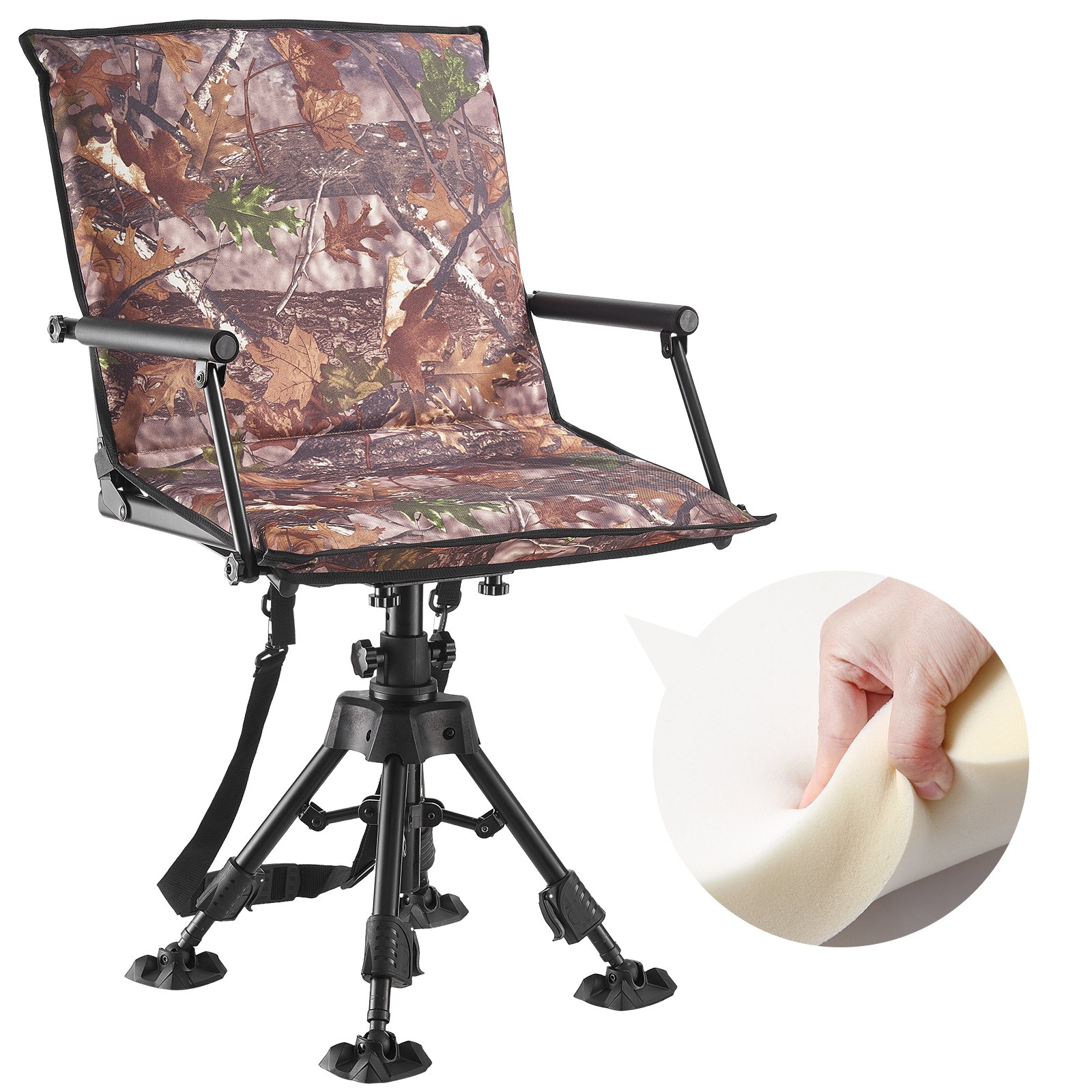 VEVOR Hunting Chair, 360° Silent Swivel, Foldable Portable Blind Chair, Heavy-Duty Steel Frame Ground Stool Seat, with Armrests, Cover, Anti-Sink Feet, Height Adjustable, 158 Kg Capacity for Camping