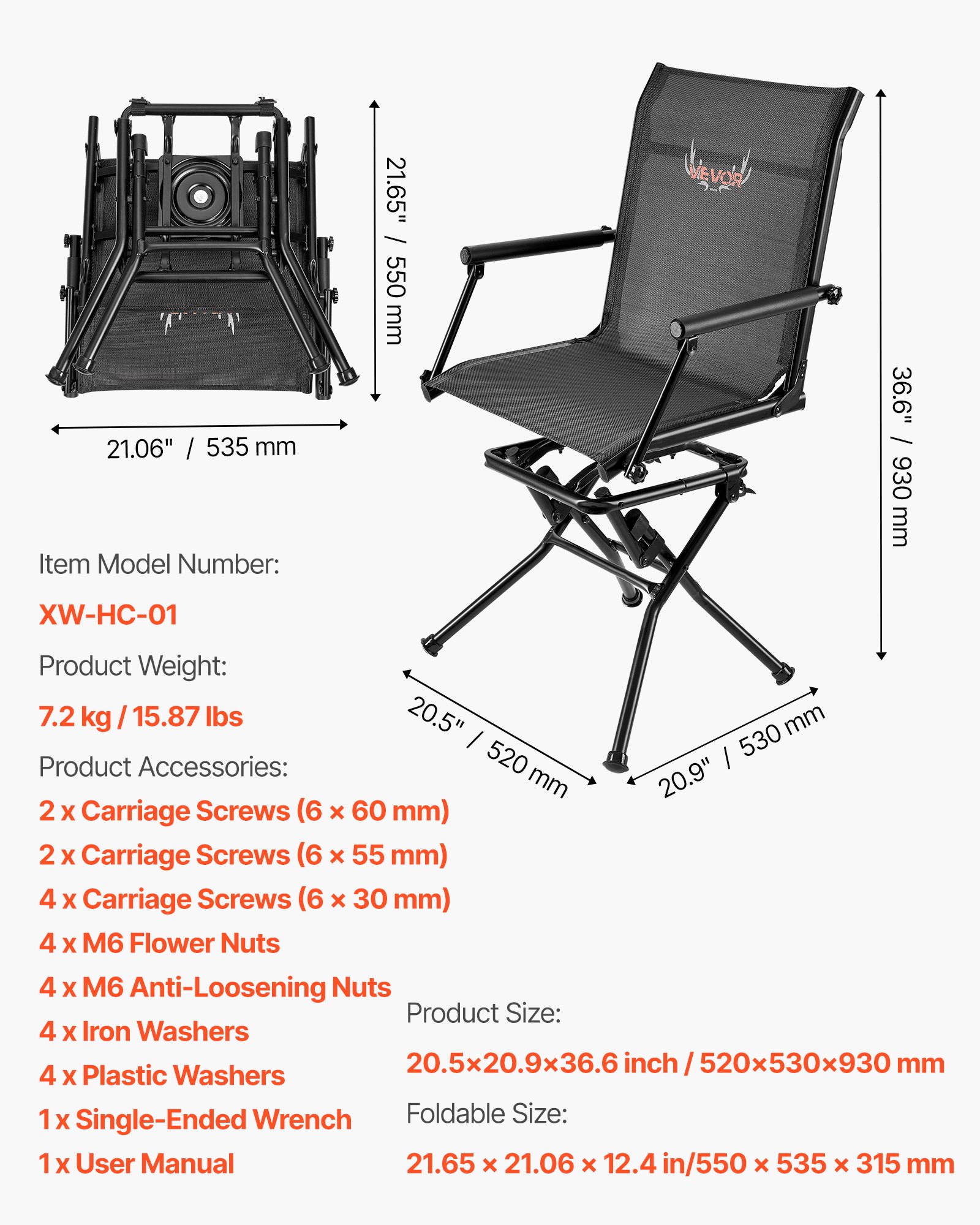 VEVOR Sedia da Caccia Campeggio Pieghevole, Sedia da Pesca con Braccioli, Seduta 520 x 530 x 930 mm Capacità di Carico 136 kg, Rotazione Silenziosa a 360°, Picnic, Giardino, Esterno