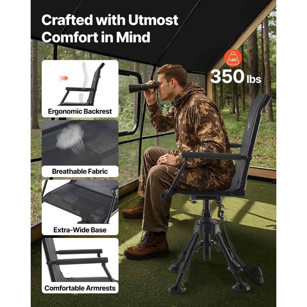 VEVOR Hunting Chair, 360° Silent Swivel, Foldable Portable Blind Chair, Heavy-Duty Steel Frame Ground Stool Seat with Armrests, Anti-Sink Feet, Height Adjustable, 158 Kg Capacity for Fishing Camping