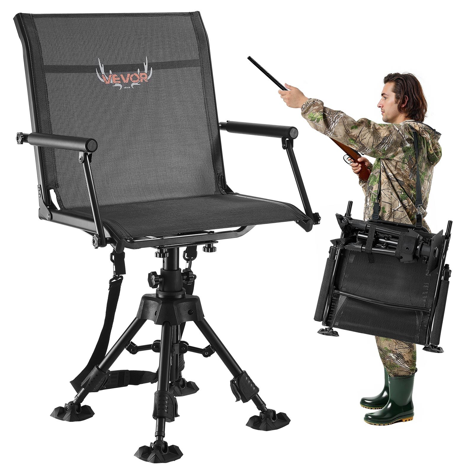 VEVOR Hunting Chair, 360° Silent Swivel, Foldable Portable Blind Chair, Heavy-Duty Steel Frame Ground Stool Seat with Armrests, Anti-Sink Feet, Height Adjustable, 158 Kg Capacity for Fishing Camping