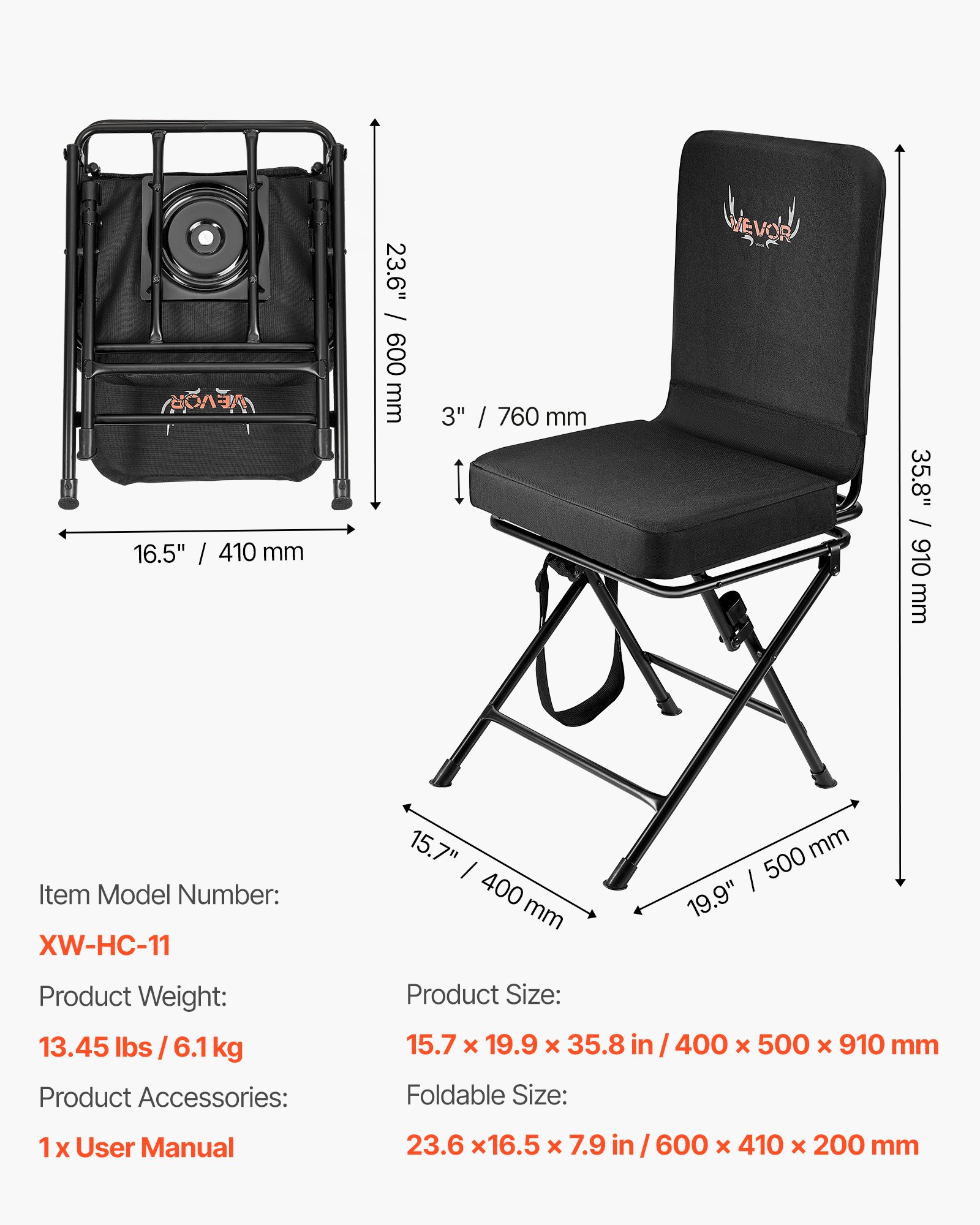 VEVOR Sedia da Campeggio Pieghevole da Pesca con Schienale Tracolla Regolabile, Sedia Capacità di Carico 136 kg, Sgabello da Caccia Rotazione Silenziosa a 360° per Picnic, Esterno, Nero