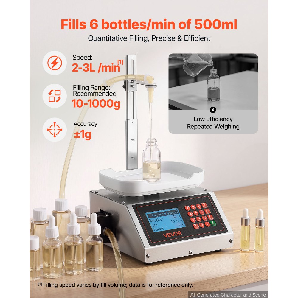 VEVOR Riempitrice Automatica per Liquidi 10-1000 g, Dosatrice con Pesatura Digitale, Corpo in Acciaio Inox, Supporto Regolabile e Funzione Memoria, Facile da Usare, Ideale per Acqua, Detergente e Olio