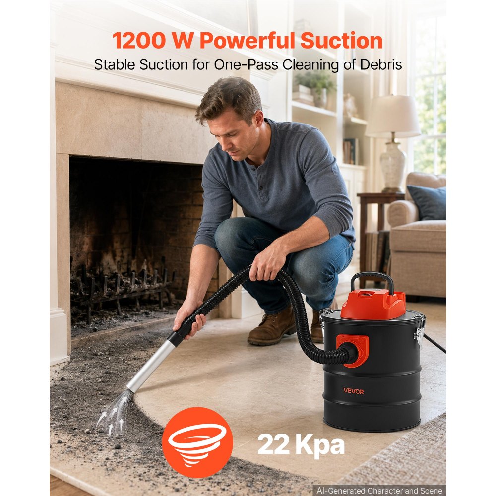 VEVOR Aspiracenere 15 L 800 W, Aspiratore per Camino con Corpo in Acciaio, Filtrazione a Doppio Stadio e Tubo da 0,8m, per Camino, Stufa a Pellet, Stufa a Legna, Braciere e Griglia, Nero e Arancione