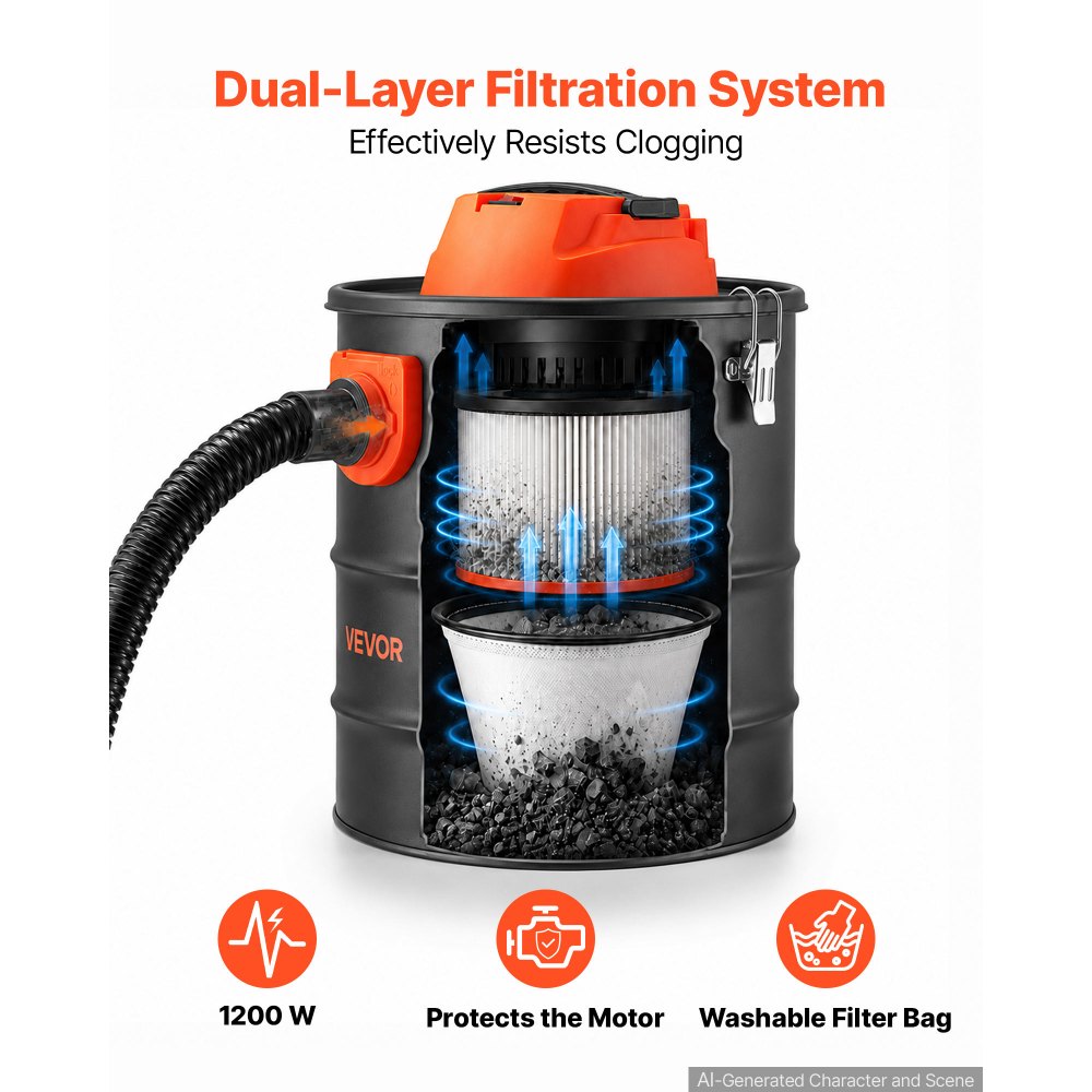 VEVOR Aspiracenere 15 L 800 W, Aspiratore per Camino con Corpo in Acciaio, Filtrazione a Doppio Stadio e Tubo da 0,8m, per Camino, Stufa a Pellet, Stufa a Legna, Braciere e Griglia, Nero e Arancione
