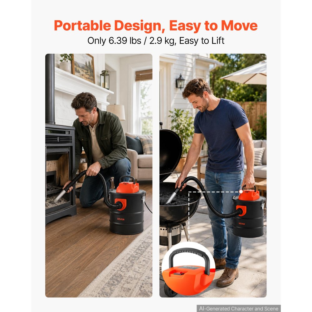 VEVOR Aspiracenere 15 L 800 W, Aspiratore per Camino con Corpo in Acciaio, Filtrazione a Doppio Stadio e Tubo da 0,8m, per Camino, Stufa a Pellet, Stufa a Legna, Braciere e Griglia, Nero e Arancione