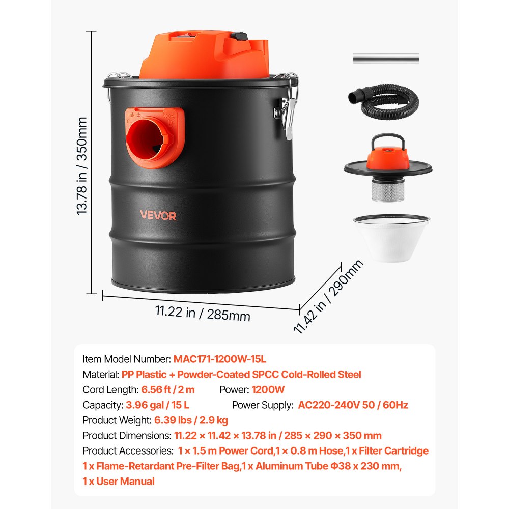 VEVOR Aspiracenere 15 L 800 W, Aspiratore per Camino con Corpo in Acciaio, Filtrazione a Doppio Stadio e Tubo da 0,8m, per Camino, Stufa a Pellet, Stufa a Legna, Braciere e Griglia, Nero e Arancione