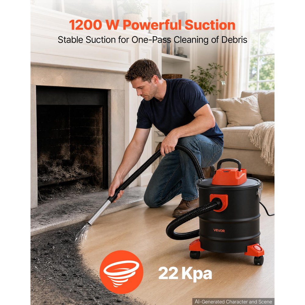 VEVOR Aspiracenere 20L 1200W con Ruote Aspiratore per Camino Stufa Pellet, Aspiratore per Camino con Corpo in Acciaio, Filtrazione a Doppio Stadio e Tubo da 1,2m, per Stufa a Legna, Nero e Arancione
