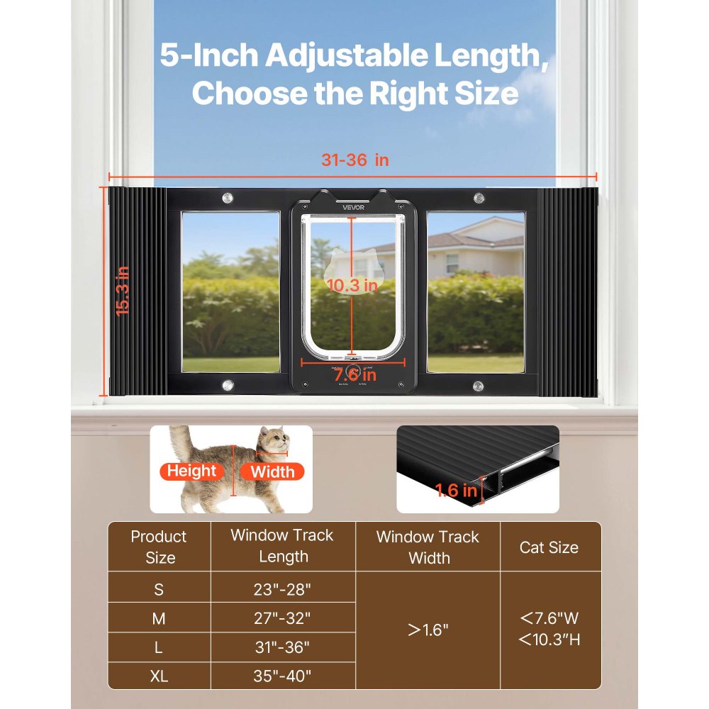 VEVOR Porta per Gatti per Finestra da 914 x 388 x 40 mm, 4 Modalità di Chiusura di Sicurezza, Telaio in Alluminio e Vetro ad Alta Trasparenza, per Animali Domestici Resistente alle Intemperie