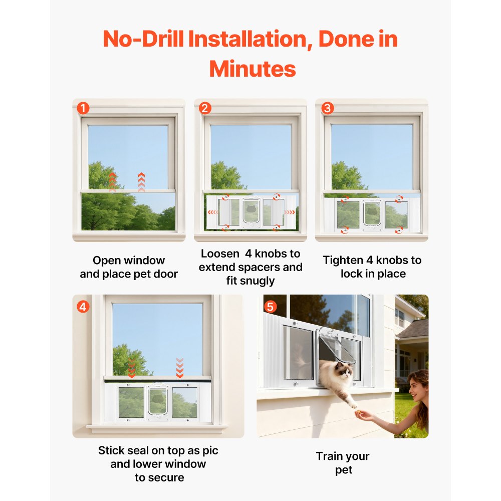 VEVOR Porta per Gatti per Finestra da 1016 x 388 x 40 mm, 4 Modalità di Chiusura di Sicurezza, Telaio in Alluminio e Vetro ad Alta Trasparenza, per Animali Domestici Resistente alle Intemperie