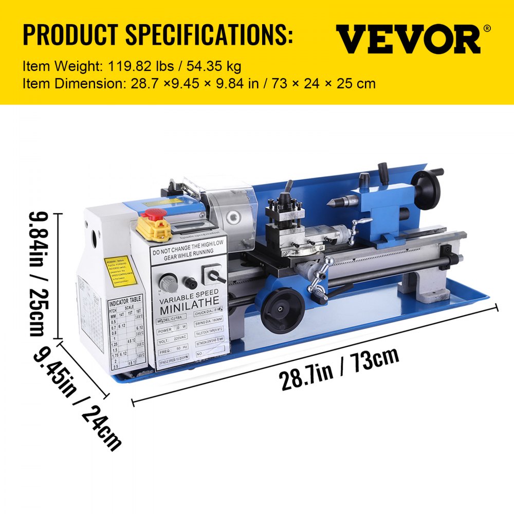 VEVOR Mini Tornio in Metallo, Potenza 550W 220V Velocità di Rotazione 50-2500 Giri/Min Tornio da Banco, Può Produrre Lavori di Precisione, Realizzando Boccole, Mandrini, Prototipi, Modelli e Altro