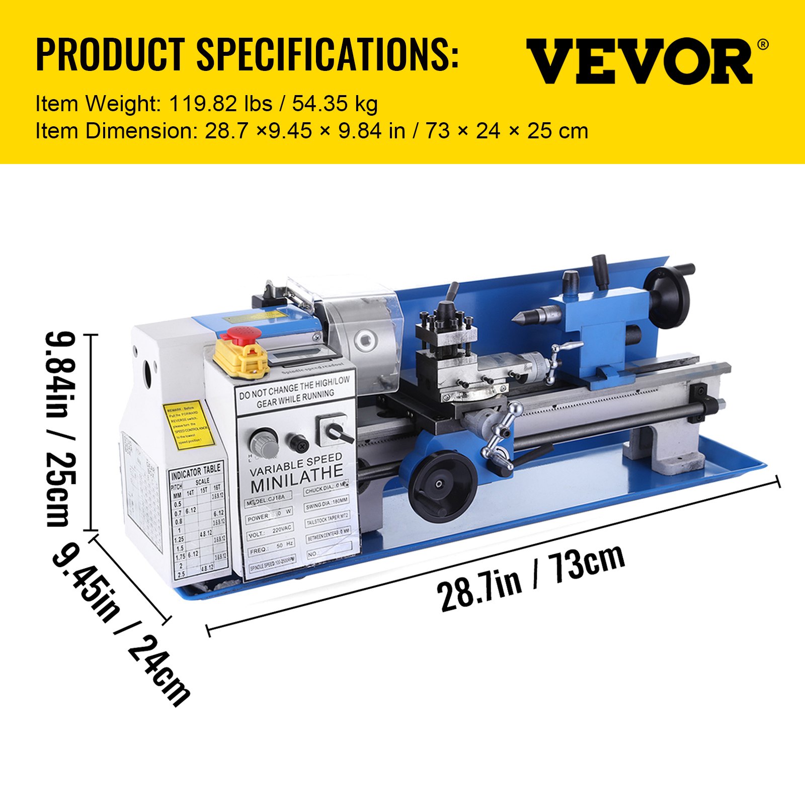 VEVOR Mini Tornio in Metallo, Potenza 550W 220V Velocità di Rotazione 50-2500 Giri/Min Tornio da Banco, Può Produrre Lavori di Precisione, Realizzando Boccole, Mandrini, Prototipi, Modelli e Altro