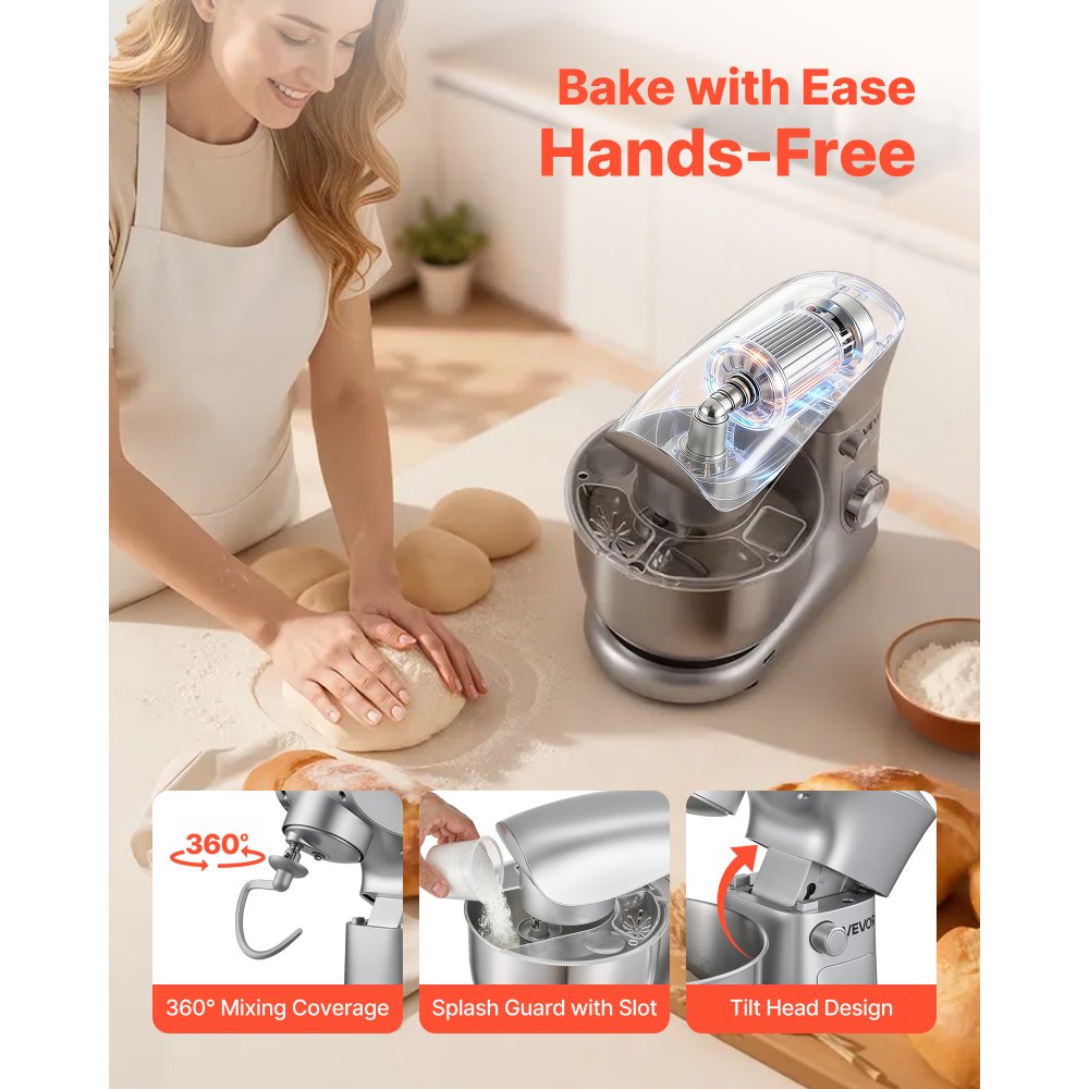 VEVOR Stand Mixer, 4.2 L Electric Kitchen Mixer, 1500W Dough-Mixer, 10 + Pulse Speeds Tilt-head Food-Mixer with Stainless Steel Bowl, Dough Hook, Whisk, Beater, for Baking, Mixing, Whipping & Kneading