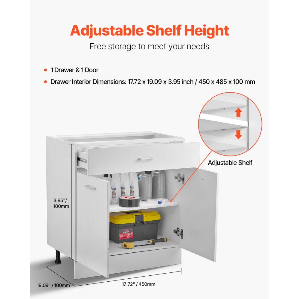 VEVOR Mobiletto Base con Cassetto non Assemblato 800 x 475 x 816 mm, Mobiletto Pronto da Montare con Ante a Chiusura Ammortizzata Ripiano Regolabile per Ufficio Uso Domestico Casa, Bianco