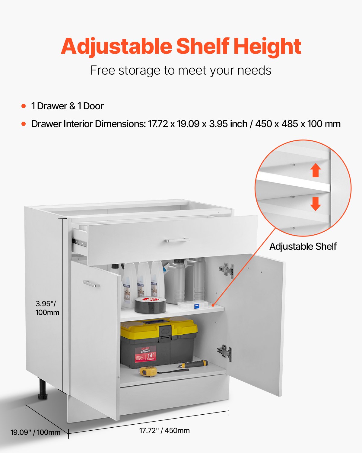 VEVOR Mobiletto Base con Cassetto non Assemblato 800 x 475 x 816 mm, Mobiletto Pronto da Montare con Ante a Chiusura Ammortizzata Ripiano Regolabile per Ufficio Uso Domestico Casa, Bianco