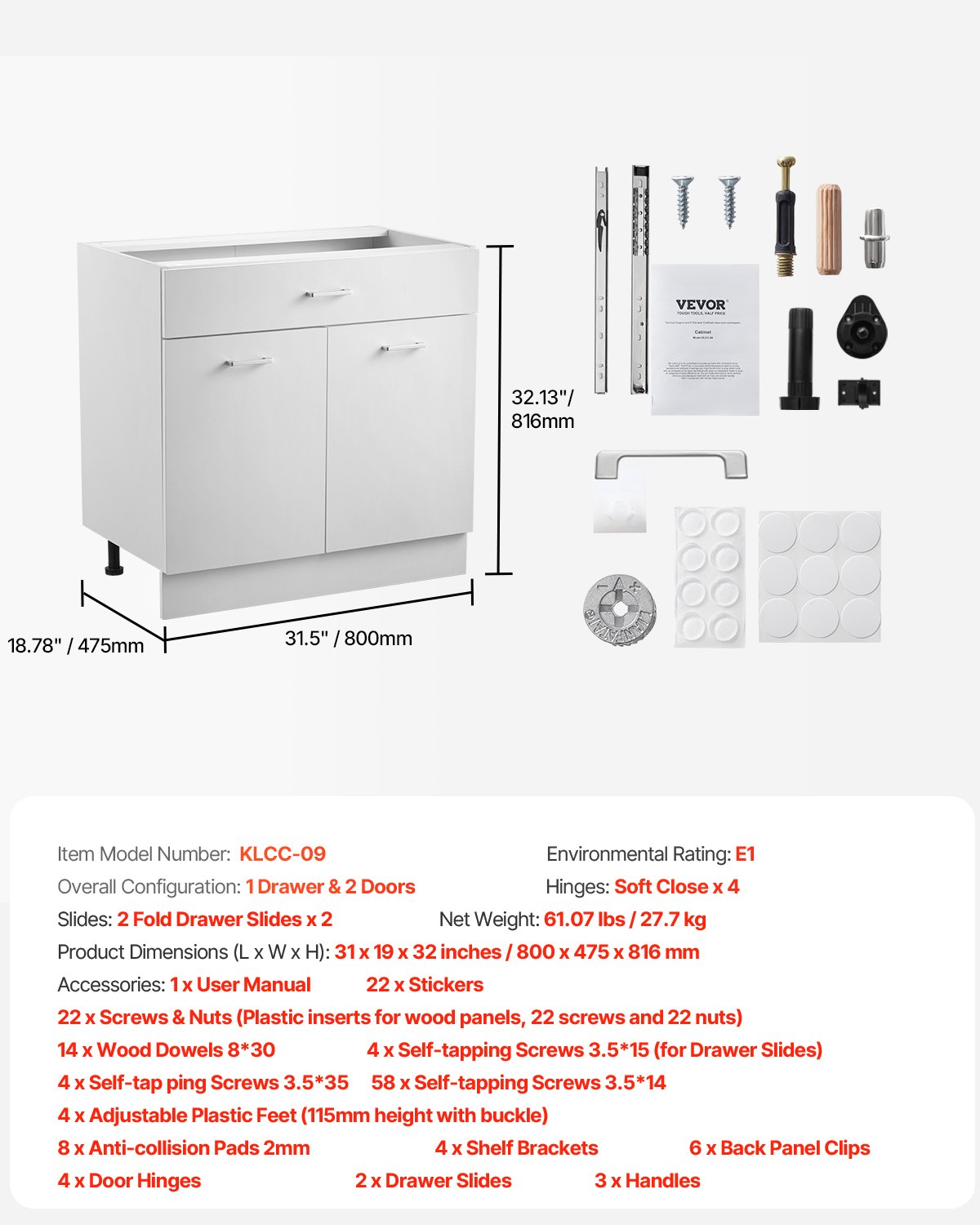 VEVOR Mobiletto Base con Cassetto non Assemblato 800 x 475 x 816 mm, Mobiletto Pronto da Montare con Ante a Chiusura Ammortizzata Ripiano Regolabile per Ufficio Uso Domestico Casa, Bianco