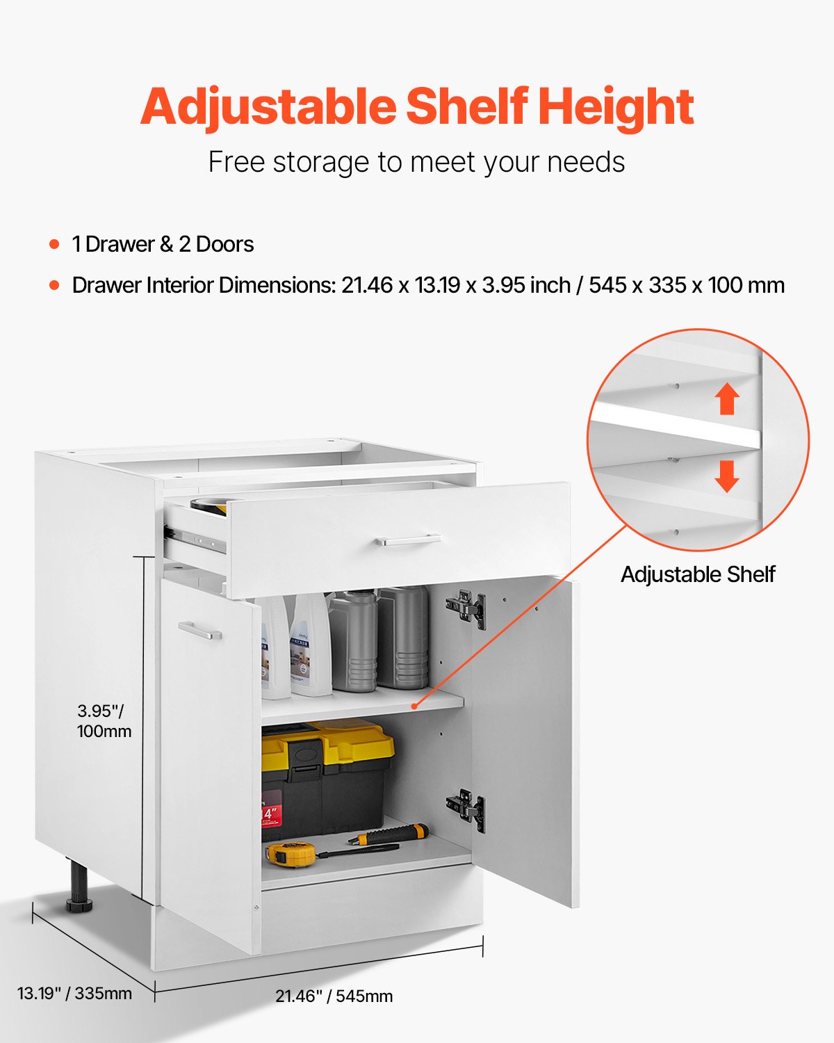 VEVOR Mobiletto Pronto da Montare con Cassetto, Mobiletto Base con Cassetto non Assemblato da 600 x 477 x 816 mm con Ante a Chiusura Ammortizzata e Ripiano Regolabile, per Ufficio Domestico