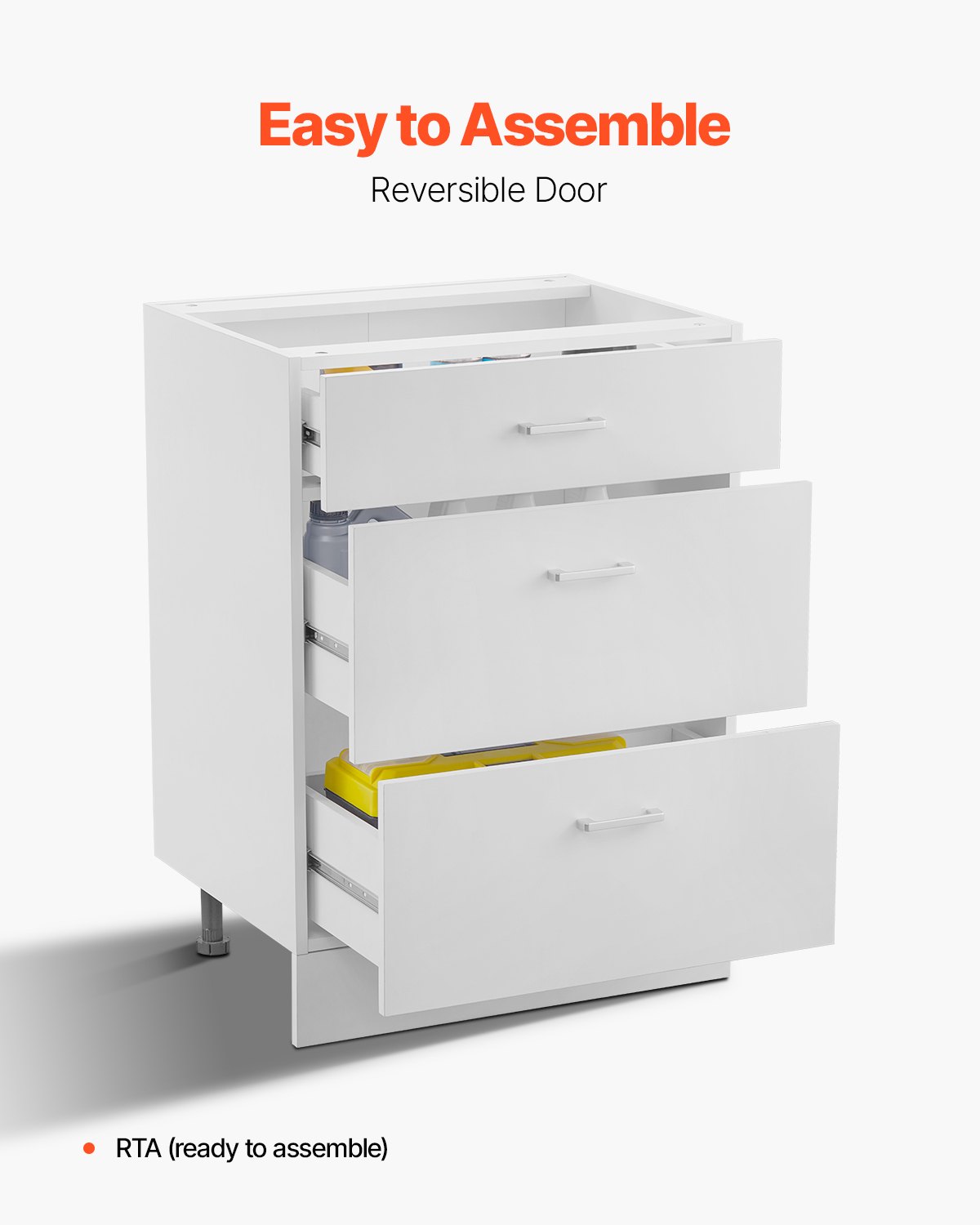 VEVOR Mobiletto Base con 3 Cassetti non Assemblato 600 x 475 x 816 mm, Mobiletto Pronto da Montare con Ante a Chiusura Ammortizzata Ripiano Regolabile per Ufficio Uso Domestico Casa, Bianco