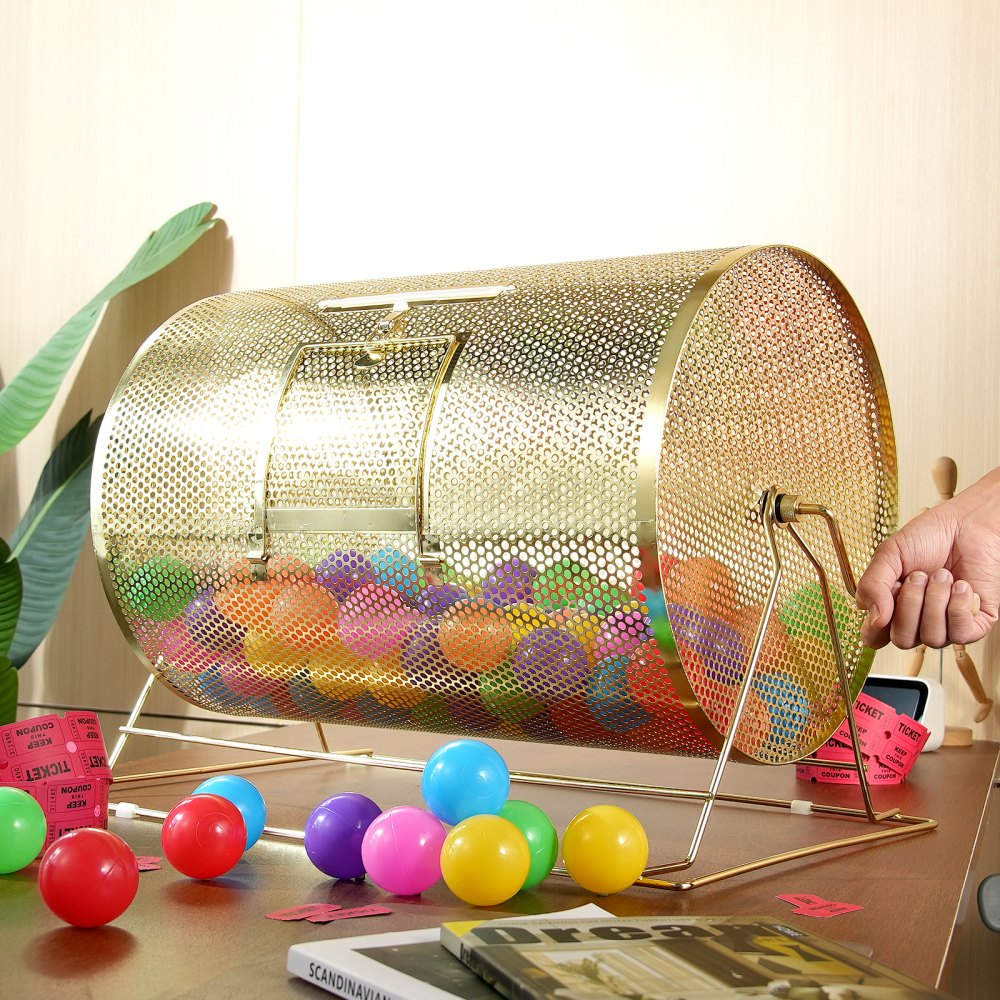 VEVOR Tamburo per gioco lotteria, Capienza 10000 biglietti o 300 palline, Serbatoio per gioco del bingo in metallo, Placcato in ottone, Maniglia girevole in legno, 376 x Ø 540 mm, Eventi Feste