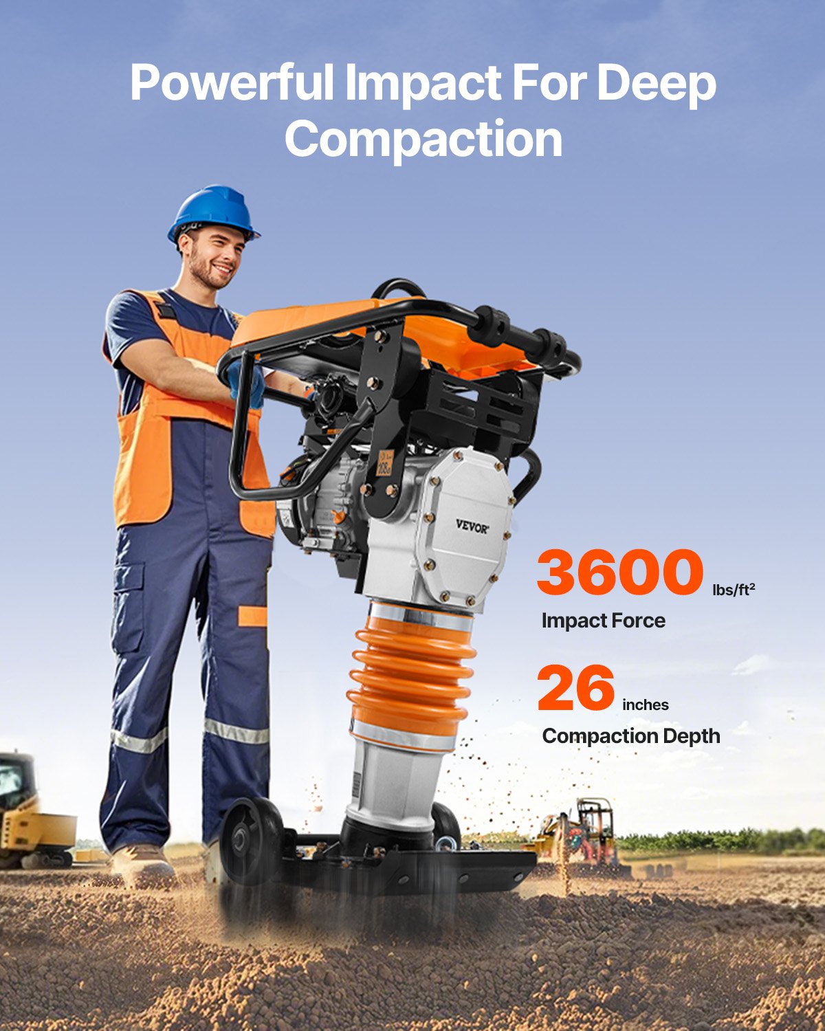 VEVOR Vibrocostipatore per Terreno 6,5 CV, Costipatore Vibrante Verticale Motore da 196 cc, Forza d'Impatto 3600 Libbre/Piede², Compattatore a Scoppio Profondità di Compattazione max. 26" per Terreno