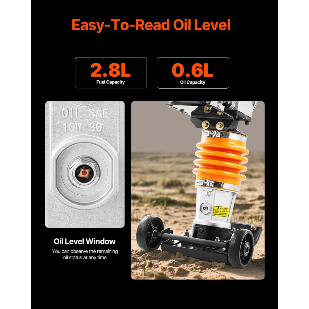 VEVOR Vibrocostipatore per Terreno 6,5 CV, Costipatore Vibrante Verticale Motore 196 cc, Costipatore Verticale a Quattro Molle Forza d'Impatto 3600 Libbre/Piede², Compattatore a Scoppio per Terreno