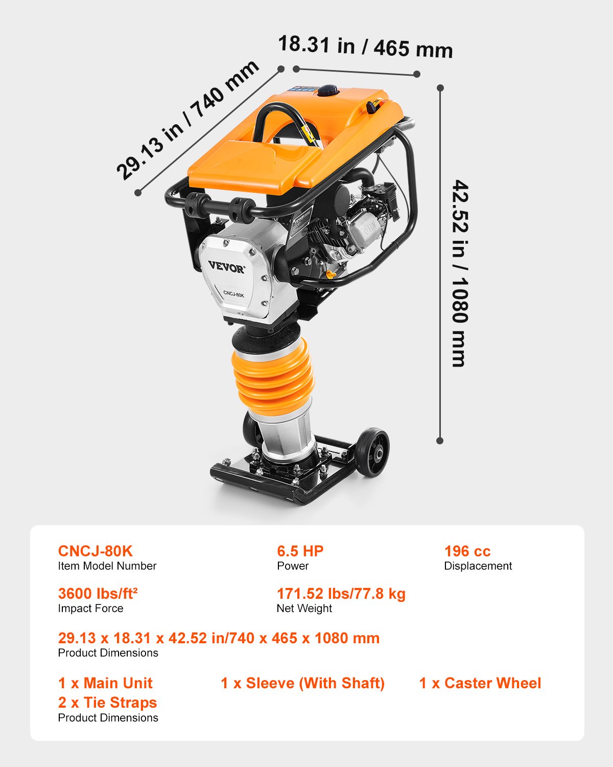 VEVOR Vibrocostipatore per Terreno 6,5 CV, Costipatore Vibrante Verticale Motore 196 cc, Costipatore Verticale a Quattro Molle Forza d'Impatto 3600 Libbre/Piede², Compattatore a Scoppio per Terreno