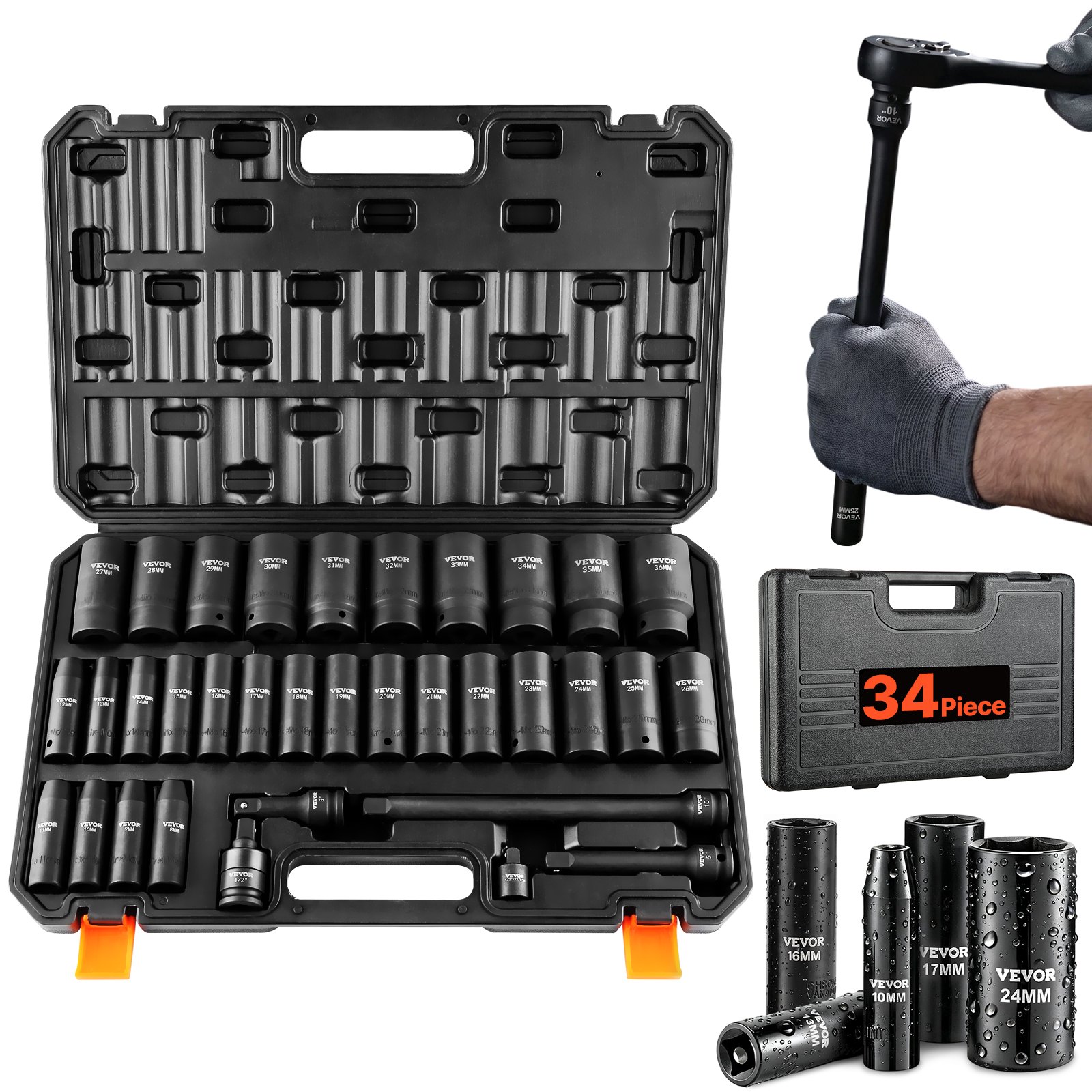 VEVOR Set di Bussole a Impatto con Attacco da 12,7 mm, Set di 34 Bussole Metriche 8-36mm, Acciaio Legato Cr-MO a 6 Punti per Riparazioni Auto, Kit di Strumento di Bussole con Valigetta da Officina Garage