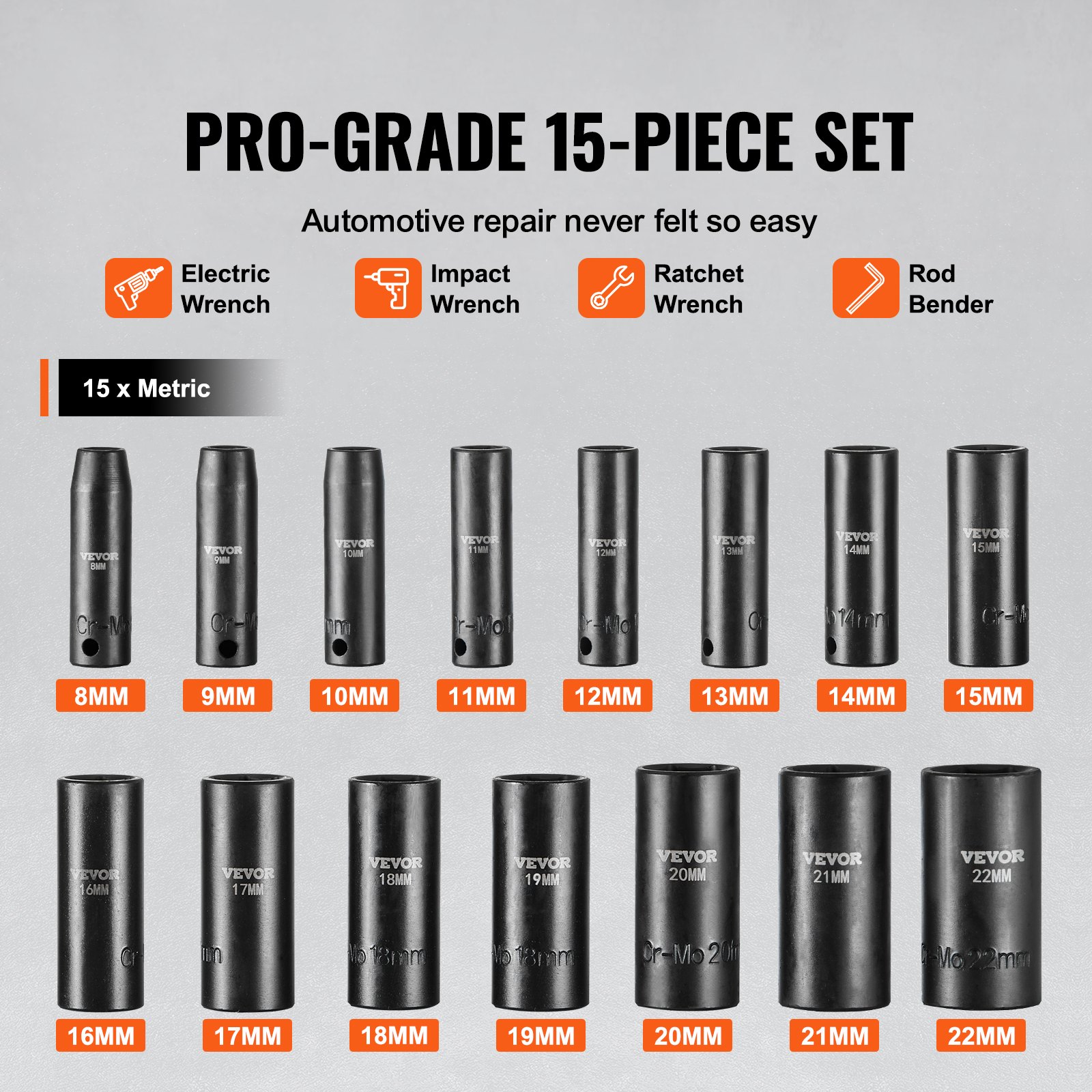 VEVOR Impact Socket Set 3/8 Inch, 15-Piece Deep Socket Set Metric 8-22 mm, 6-Point Cr-Mo Alloy Steel for Automotive Repairs, Including Tool Case