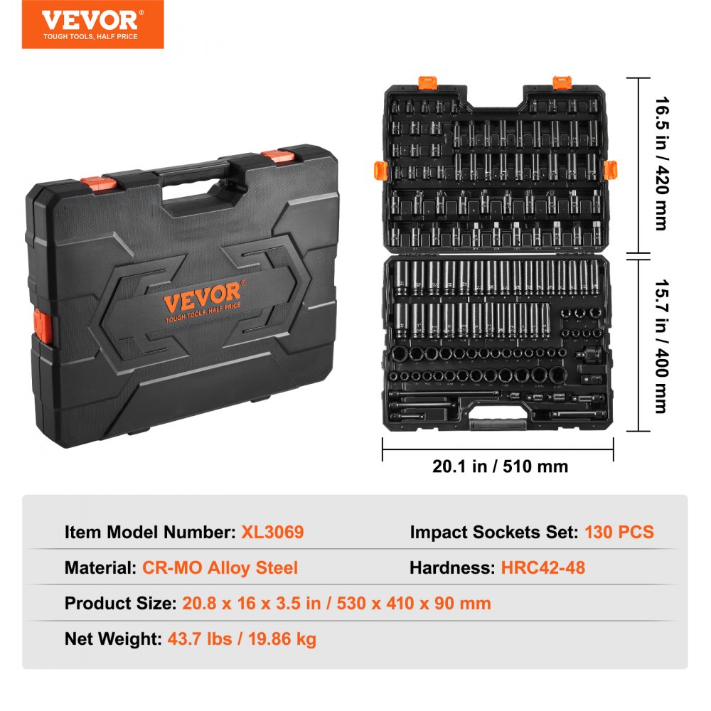 VEVOR Set di Viti a Percussione con Attacco da 3/8" e 1/2", Set di Bussole Metriche e SAE 130 Pezzi Acciaio Legato al Cr-Mo per Riparazioni Auto, Marcature Dimensioni Facile Lettura, con Valigetta