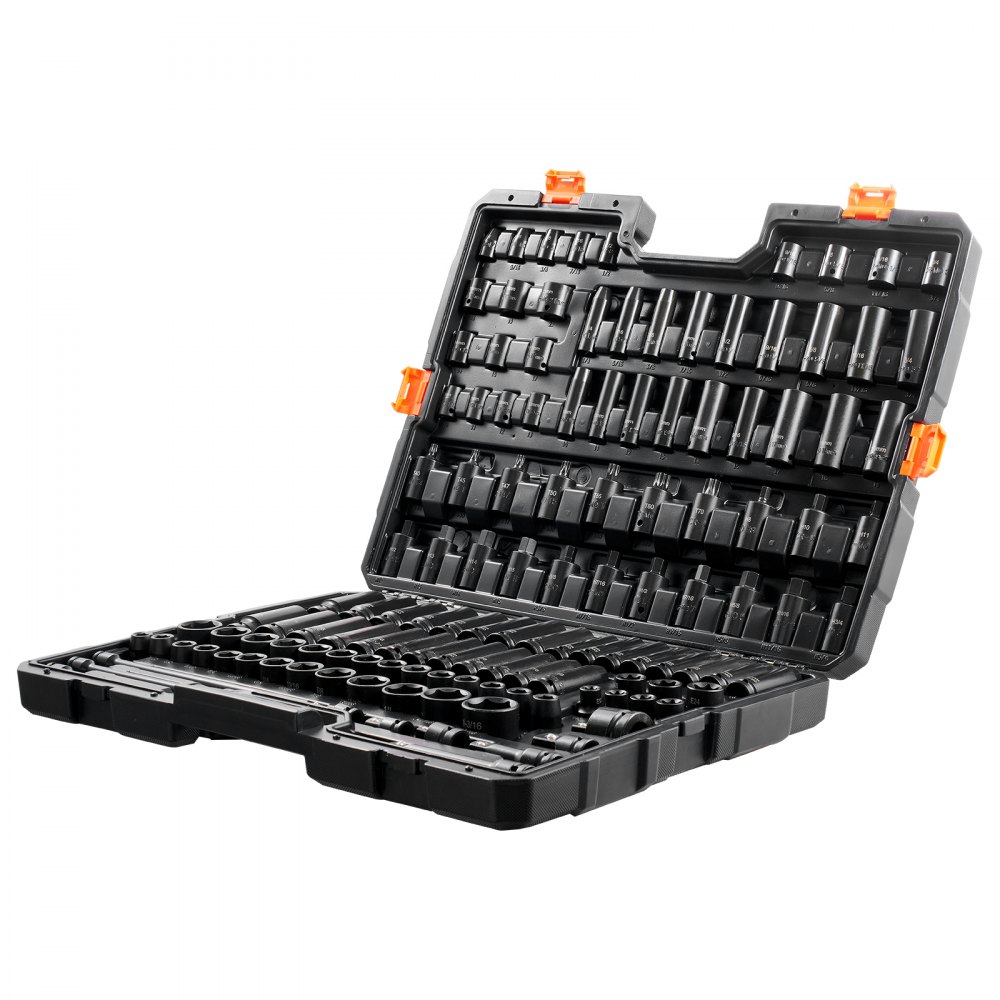 VEVOR Set di Viti a Percussione con Attacco da 3/8" e 1/2", Set di Bussole Metriche e SAE 130 Pezzi Acciaio Legato al Cr-Mo per Riparazioni Auto, Marcature Dimensioni Facile Lettura, con Valigetta