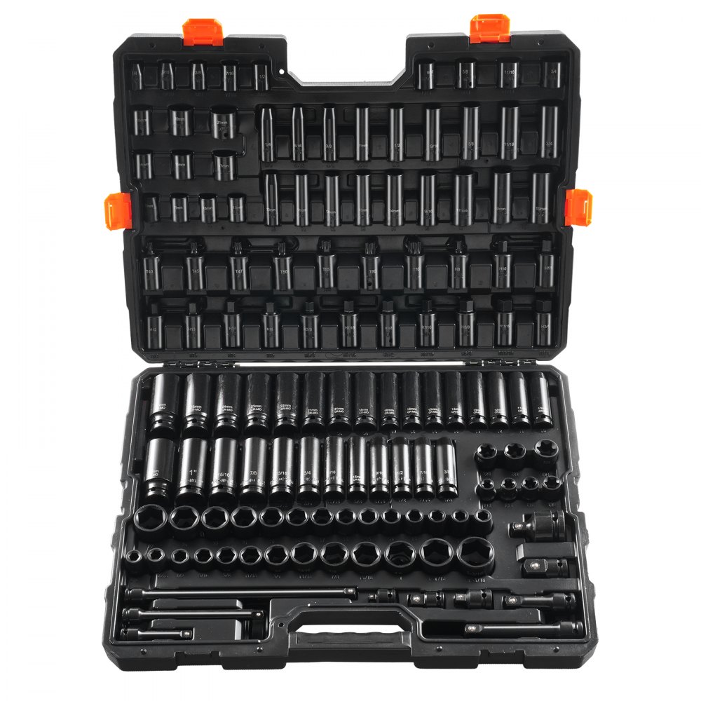VEVOR Set di Viti a Percussione con Attacco da 3/8" e 1/2", Set di Bussole Metriche e SAE 130 Pezzi Acciaio Legato al Cr-Mo per Riparazioni Auto, Marcature Dimensioni Facile Lettura, con Valigetta