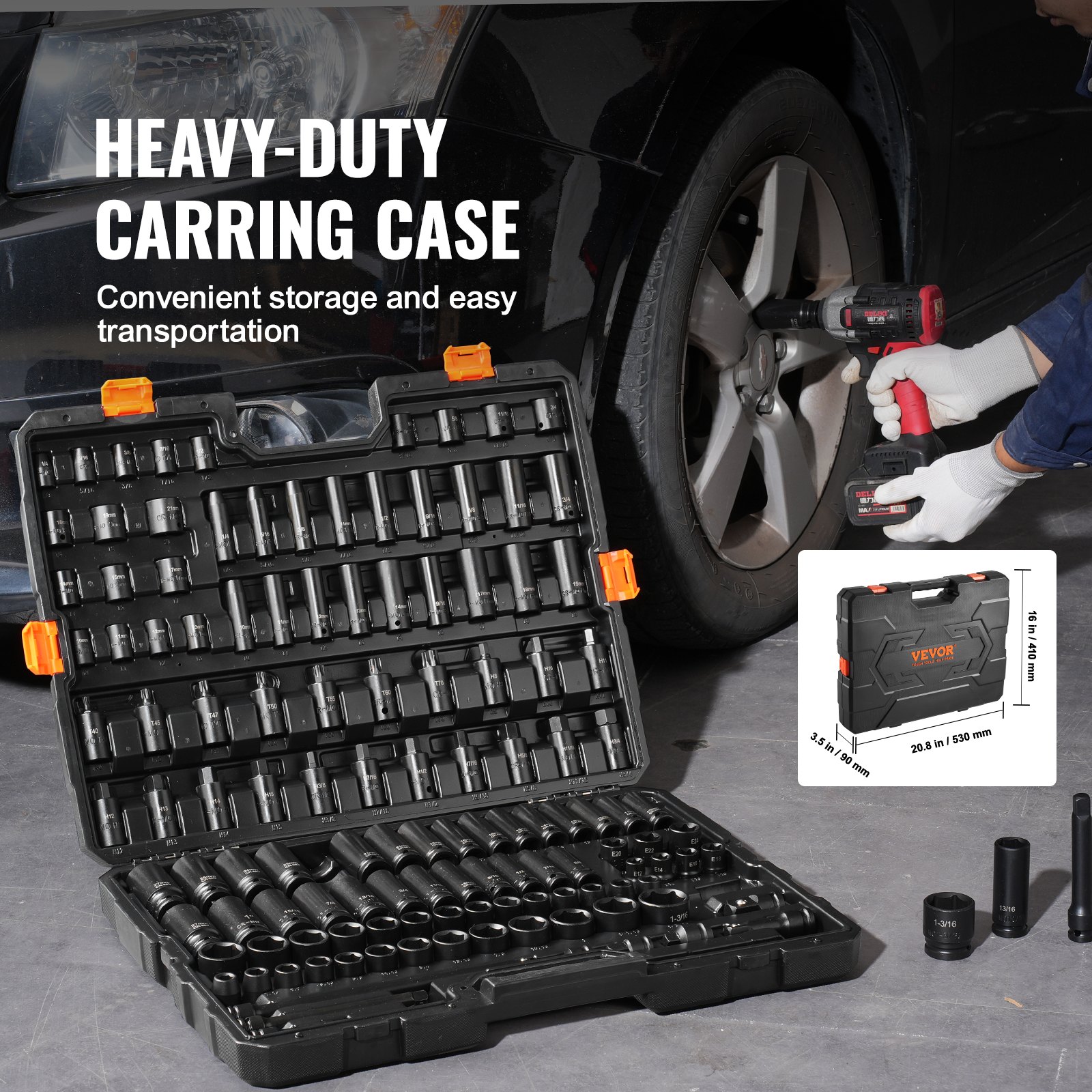 VEVOR Set di Viti a Percussione con Attacco da 3/8" e 1/2", Set di Bussole Metriche e SAE 130 Pezzi Acciaio Legato al Cr-Mo per Riparazioni Auto, Marcature Dimensioni Facile Lettura, con Valigetta