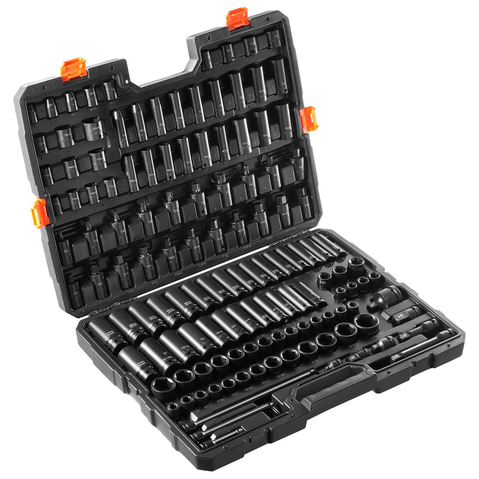 VEVOR Set di Viti a Percussione con Attacco da 3/8" e 1/2", Set di Bussole Metriche e SAE 130 Pezzi Acciaio Legato al Cr-Mo per Riparazioni Auto, Marcature Dimensioni Facile Lettura, con Valigetta