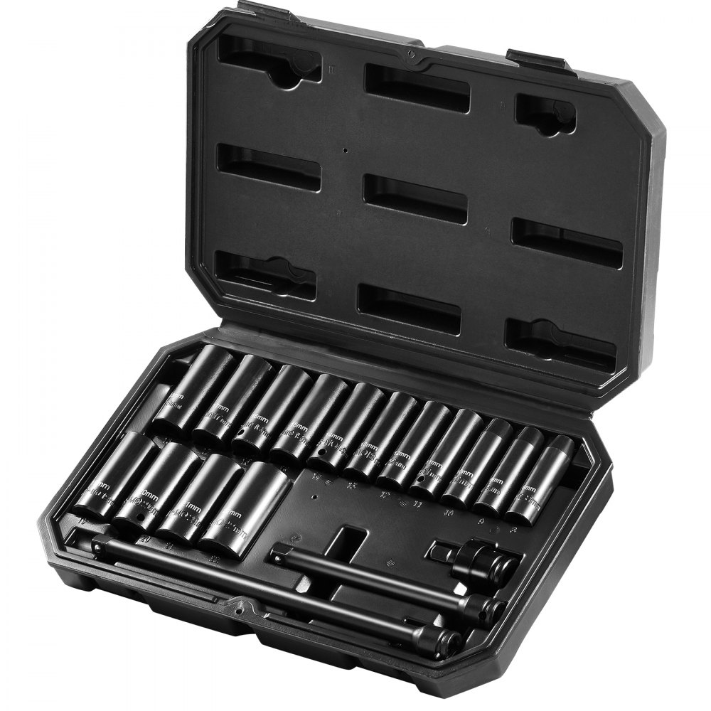 VEVOR Set Bussole a Impatto da 3/8", Set Bussole Profonde da 18 Pezzi, Metriche da 8 a 22 mm, Acciaio Legato CR-V a 6 Punte per Riparazioni Auto, Marcature Dimensioni Struttura Robusta con Valigetta
